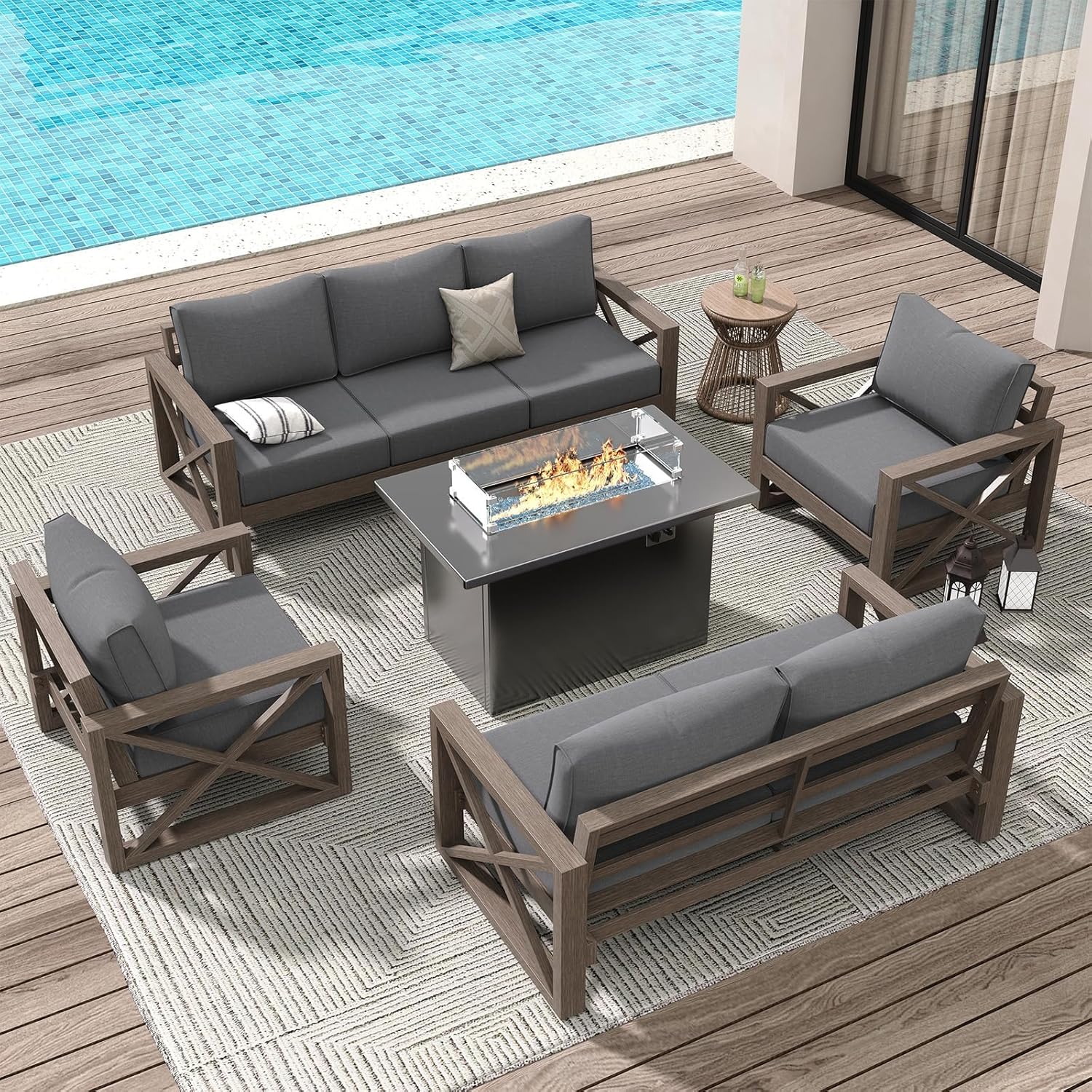 Amopatio Aluminum Patio Furniture Set with Fire Pit, 8 Pcs Metal Patio Sofa Couch Sets with Aluminum Fire Pit Table, Modern Outdoor Furniture with 6