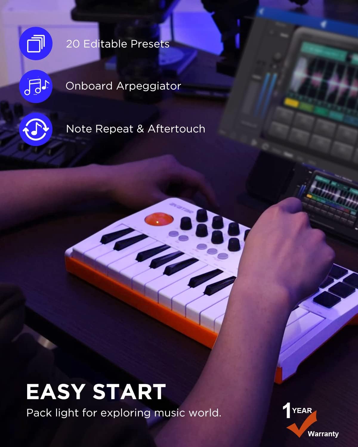 25 Key USB MIDI Keyboard Controller With Bluetooth, Professional Mini Midi Keyboard with OLED Screen, Beat Maker Machine for Music Production, Software Included, EMK-25 White