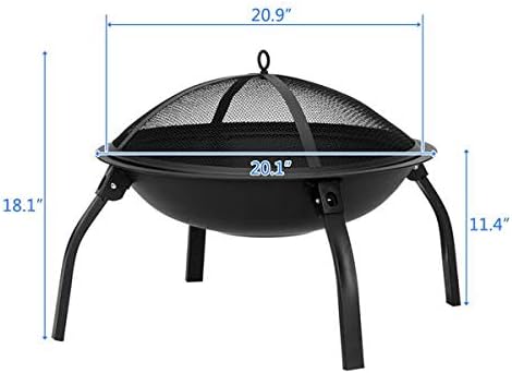 22-inch Folding Steel Fire Pit, Wood Burning Portable Outdoor Camping BBQ Grill Fire Bowl w/Screen Cover, Log Grate, Poker