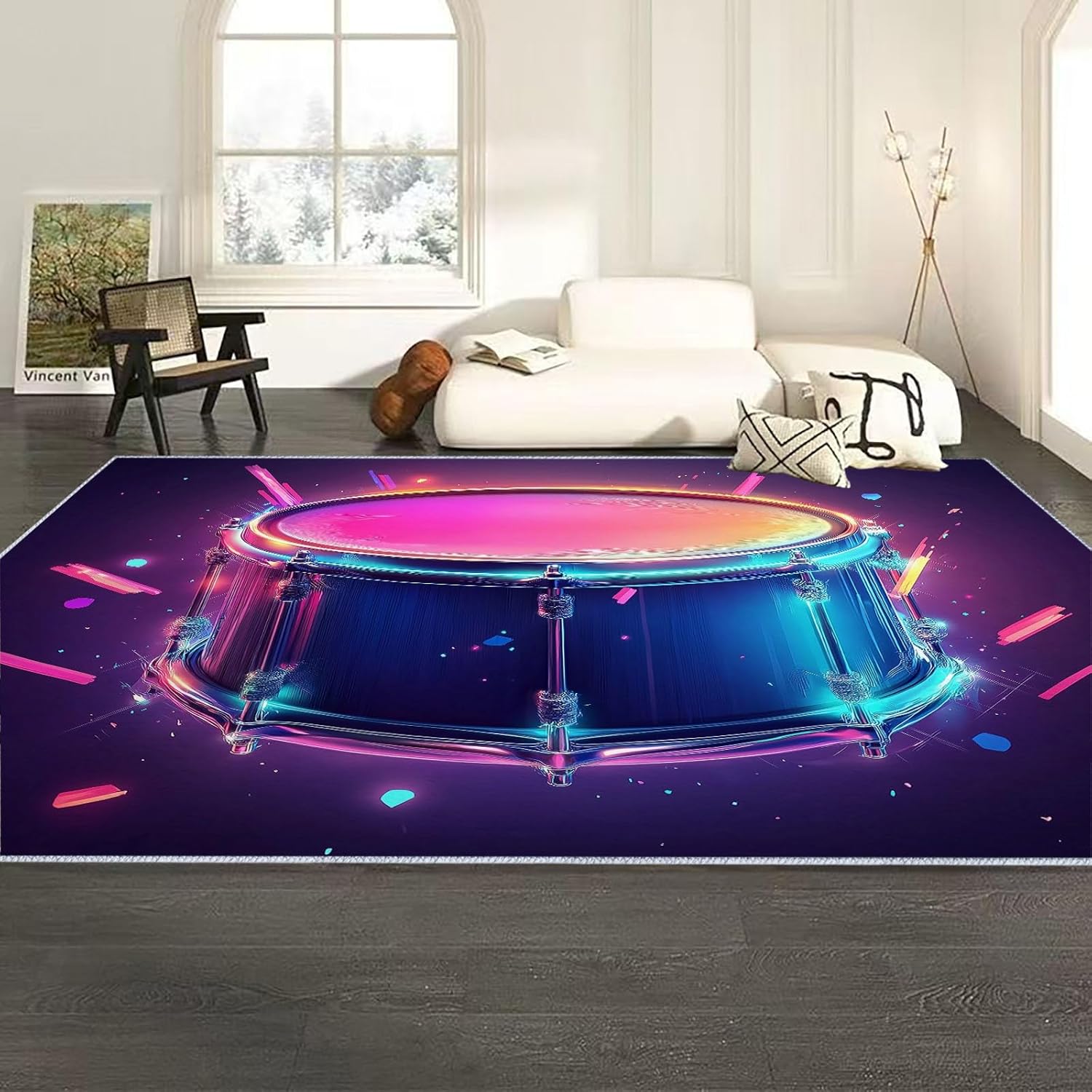 Machine Washable Area Rugs with Non-Slip Backing, Game Art Style Neon Drums Indoor Rug Low Pile Floor Carpet Music Drum for Dining Room Bedroom Dorm Office Home Decor 4x6 ft