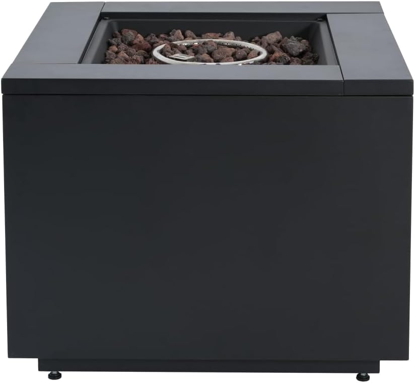 30inch Sleek Square Steel Fire Pit Table in Black with Lava Rocks and Protect Cover for Patio and Deck, 40000BTU