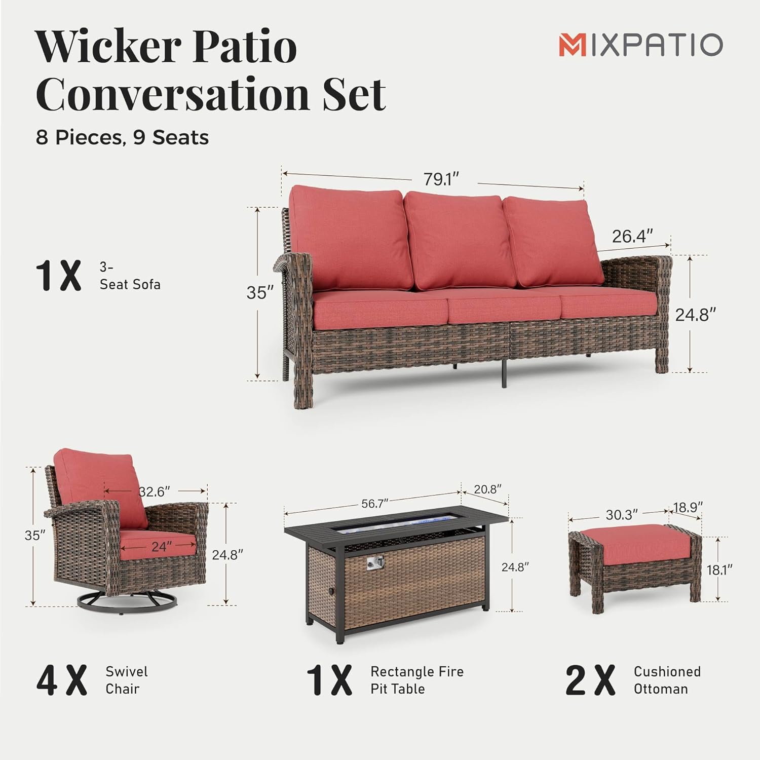 8-Piece Wicker Patio Furniture Set, Sectional Conversation Set with 2 x Swivel Chairs, 2 x Ottomans, 1 x 3-Seater Sofa, All-Weather Wicker Patio Conversation Set with 56