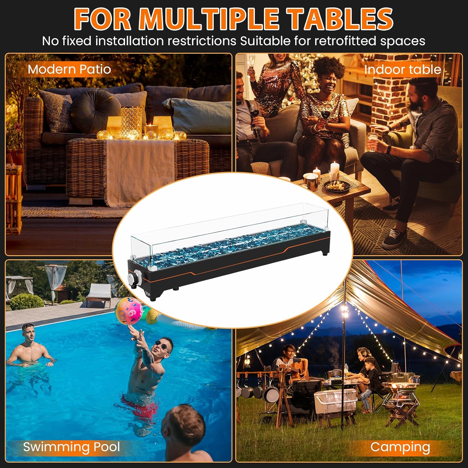 GRISUN Tabletop Fire Pit,36 Inch Propane Fire Pit Table,50000 BTU Table Top Firepit with Glass Wind Guard,Stainless Steel Burner,Fire Glass,Portable Propane fire Pit for Patio, Camping, Backyard & RV