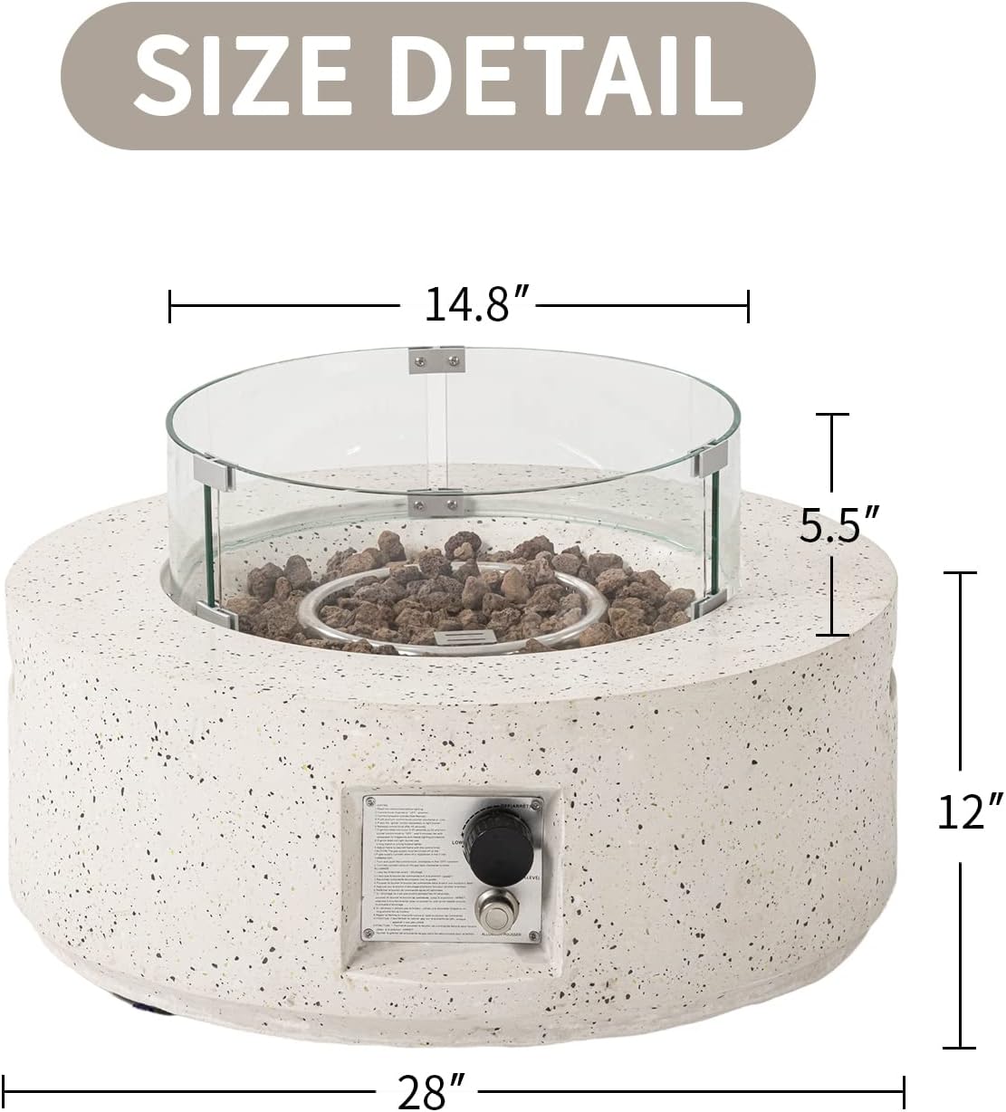 SUNBURY Outdoor 28 Inch Propane Fire Pit Table, Round Fire Table w Glass Wind Guard, 40,000 BTU Spotted White Patio Gas Fire Table Waterproof Cover, Lava Rocks