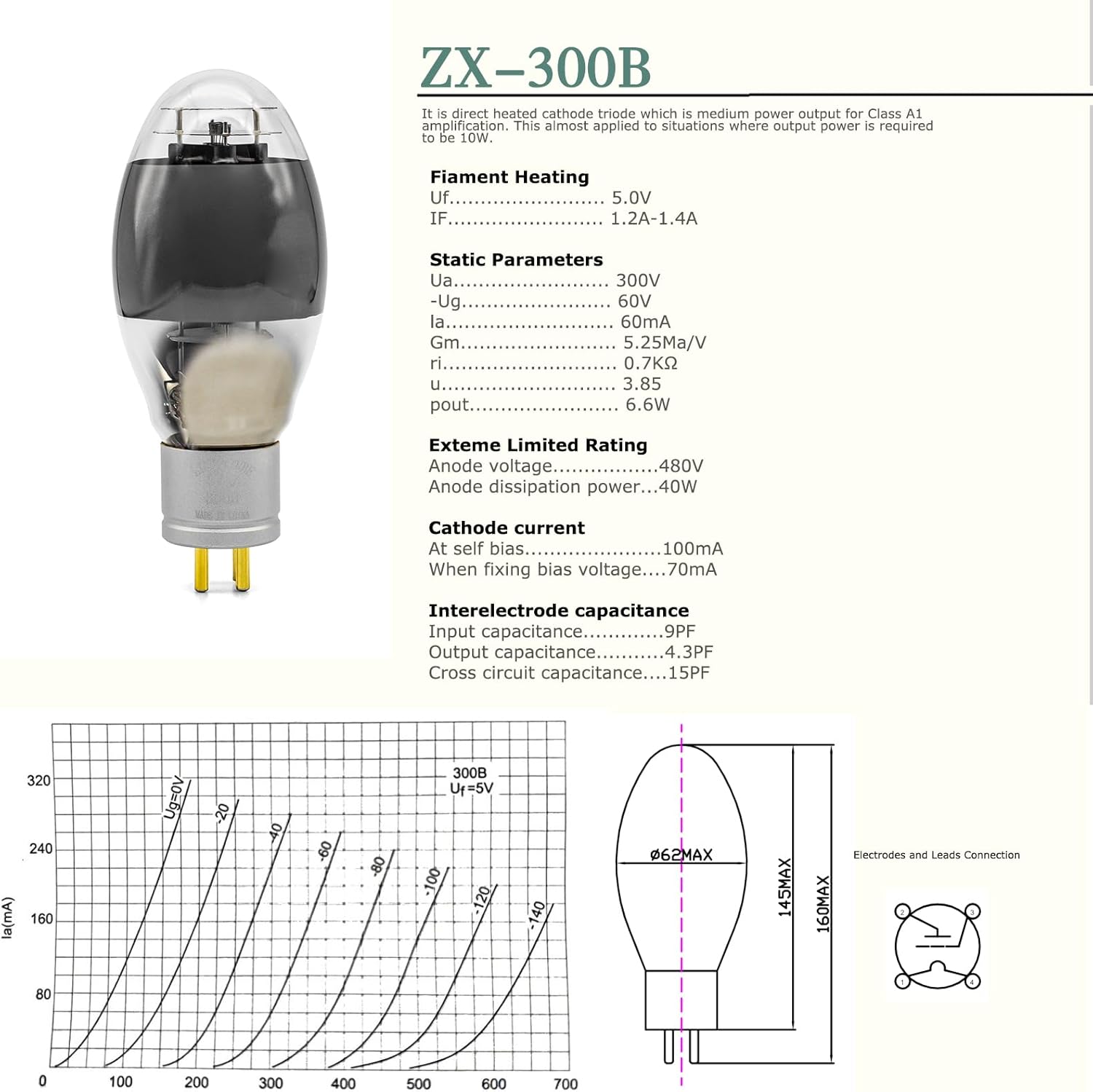LINLAI ZX-300B 1pair ZX Series Vacuum Hifi Valve Electronic Tube for Class Pairing Audio Amplifier Replaced 10W Power Amplication