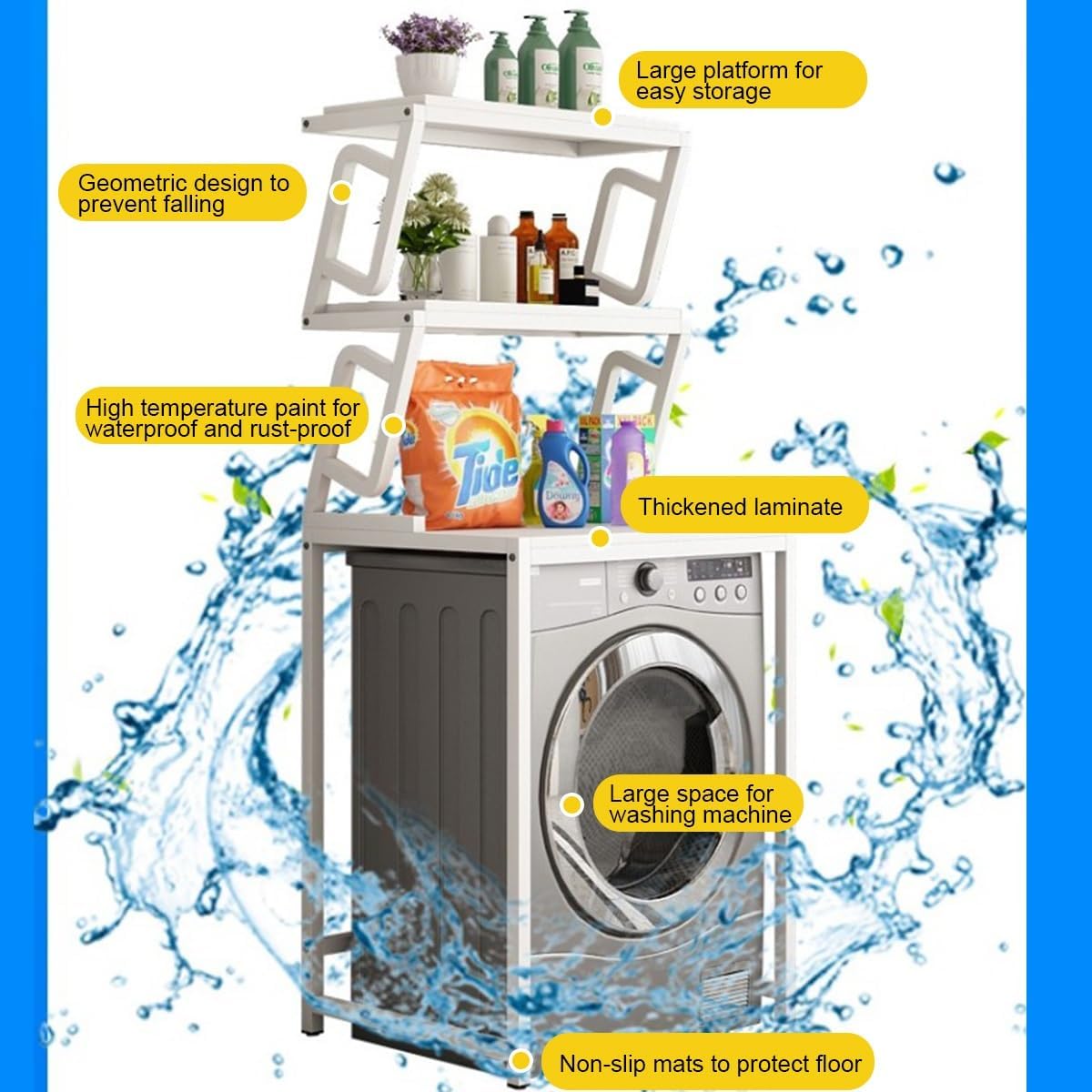 Tiers Washing Machine Storage Rack,Over The Washer and Dryer Storage Shelf,Space Saving Shelving Units,Laundry Room Storage Organizer,Drum Washing Machine Cabinet(Black White) Tumbl