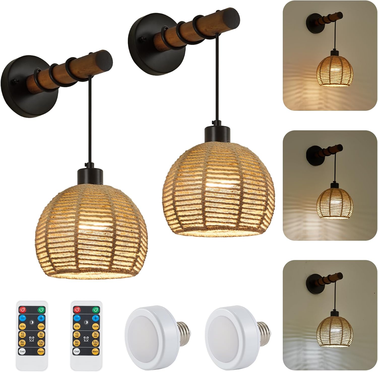 SGLfarmty Battery Operated Cordless Wall Sconces Set of 2, Hemp Rope Battery Powered Wall Lights with Remote, Adjustable Indoor Boho Lighting Fixtures for Bedroom, Living Room, 3 Colors Dimmable