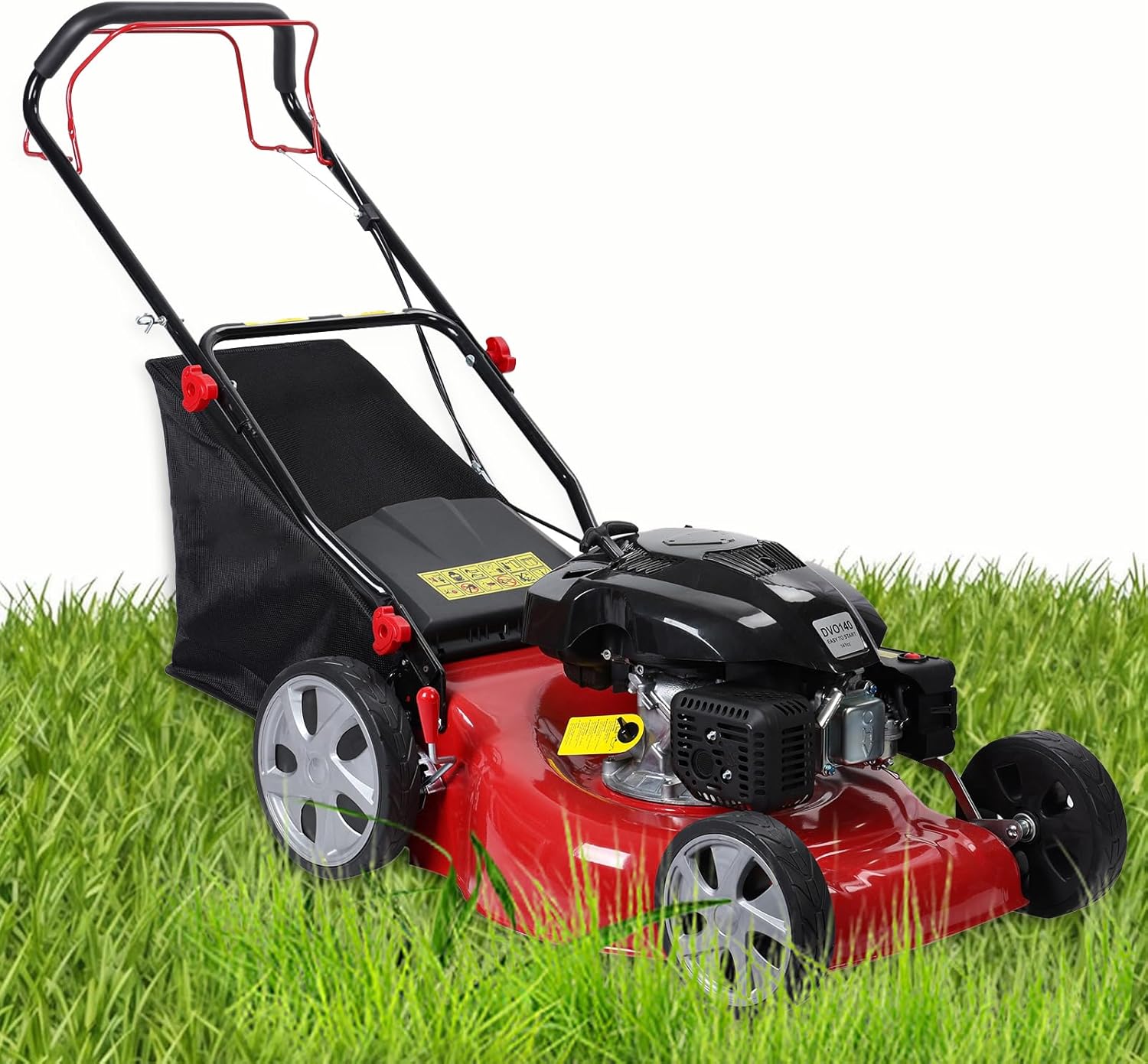 20-Inch Self Propelled Gas Lawn Mower with 141CC 4-Cycle Engine | 7-Position Height Adjustment (9.85-29.55 inches) Push Lawn Mower with 50L Grass Tank, Big Wheels Red