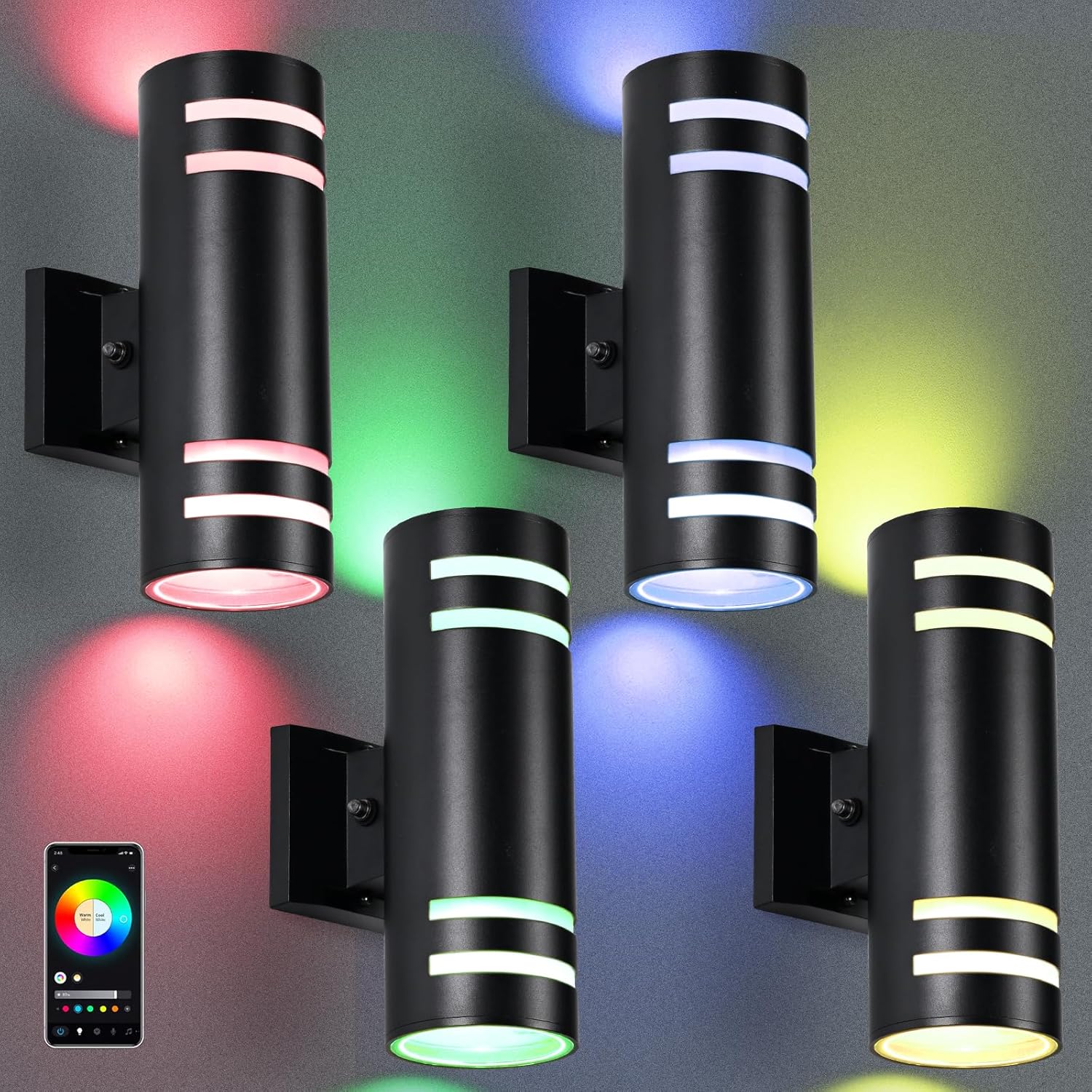 RGB Up and Down Lights Outdoor Wall Lights 4 Packs, Smart Color Changing Outdoor Wall Sconce WiFi Voice & App Control,Aluminum Waterproof Exterior Lights for Porch Compatible with Alexa