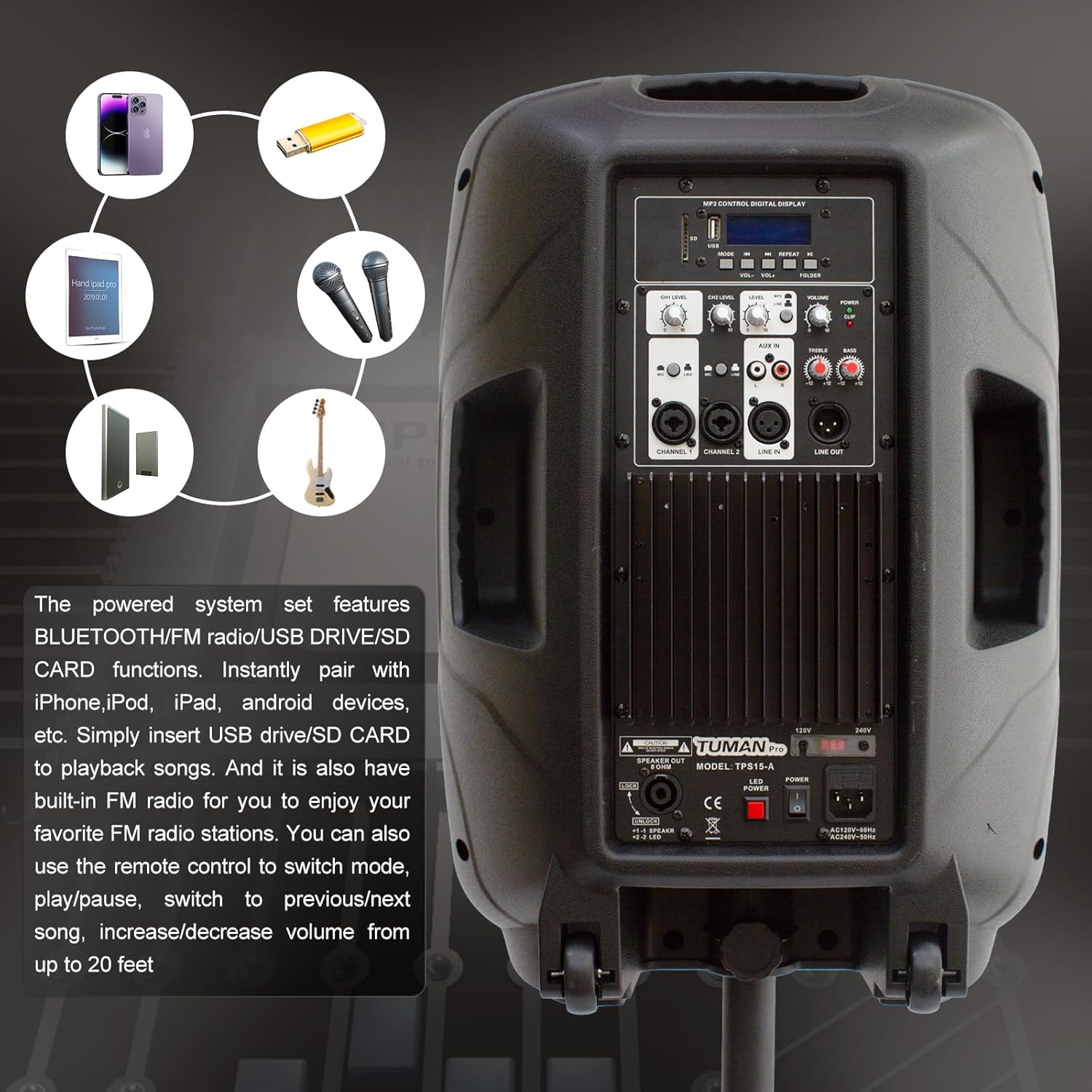 Portable 15-Inch PA Speaker System DJ Amplified Loud Speaker with Stand Bluetooth/USB/SD Card Reader/FM Radio/Remote Control/LED Light, Good for Churches, Bands, Parties