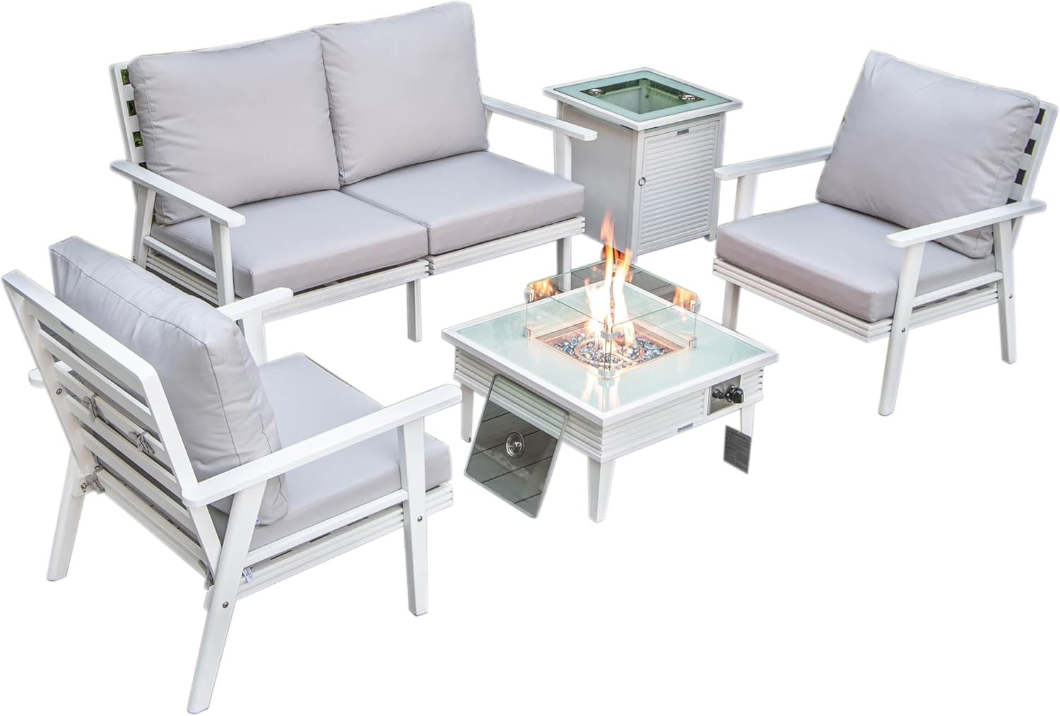 LeisureMod Walbrooke Modern Aluminum 5-Piece Patio Conversation Set with Outdoor Square Fire Pit Slats Design & Side Table Tank Holder, Light Grey