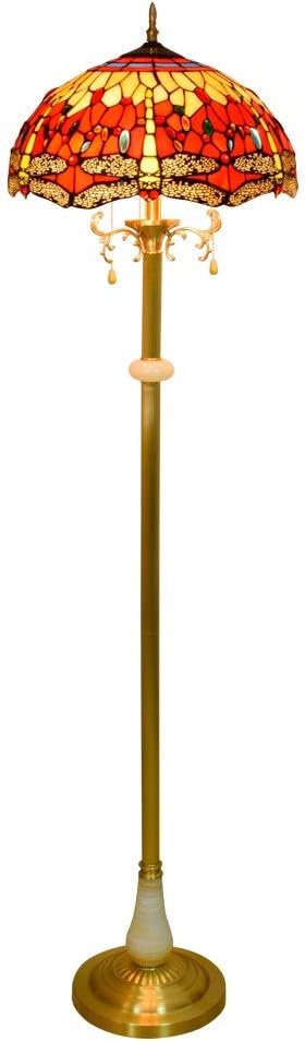 16-Inch Tiffany-Style European High-Grade Red Dragonfly Glass Floor Lamp Pure Copper Vertical Readlamp for Study Bedroom Room Decoration