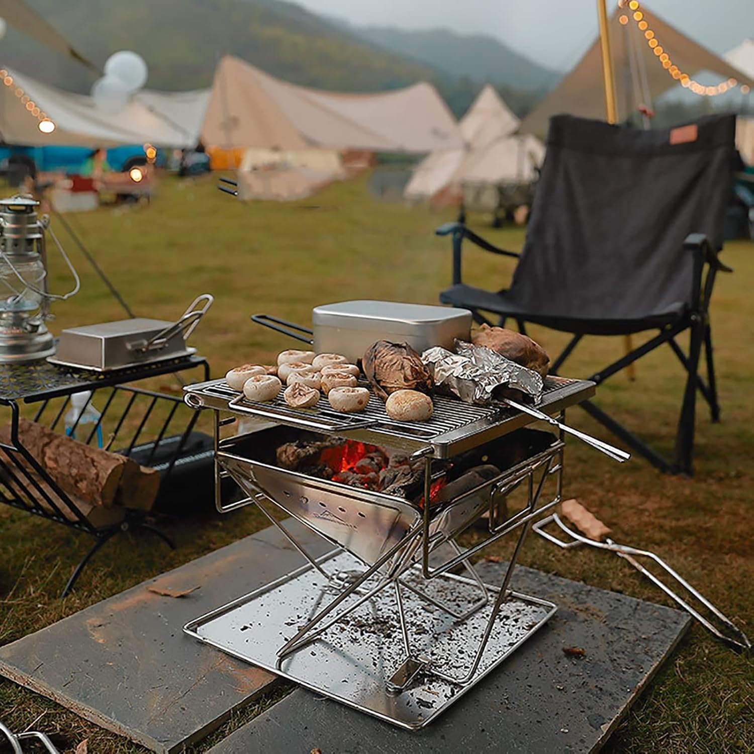 JOSBY Outdoor Fire Pits, Foldable BBQ Stainless Steel Grill with Carrying Bag, Liftable, Portable Campfire Pit for Camping Picnic Patio Travel Backyard Garden