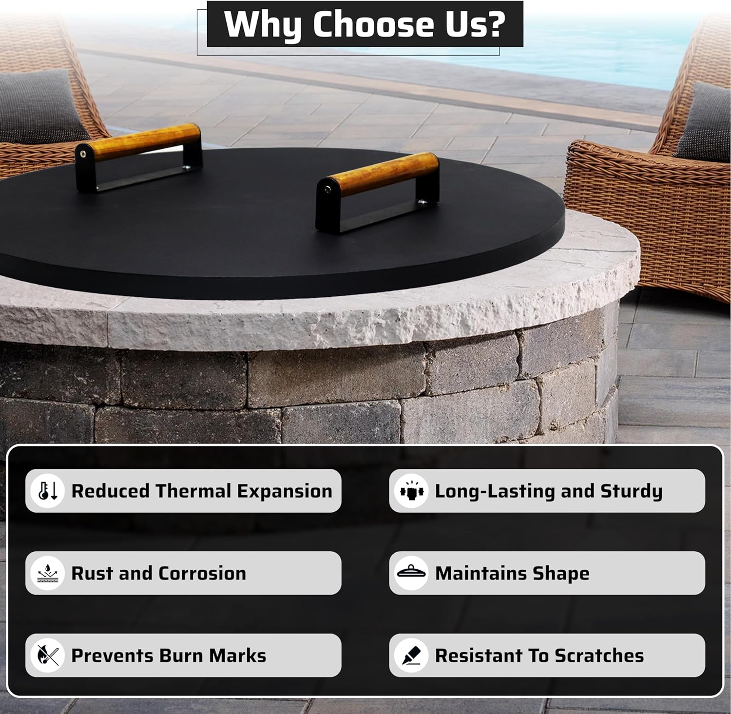 22” Round Fire Pit Lid – Heat Resistant fire pit cover round metal for Outdoor Fireplace 16 Gauge Steel Flat Fire Pit Burner Pan Cover with 2 Wooden Handles Snuffer Lid for Round Patio Fire Pit Ring