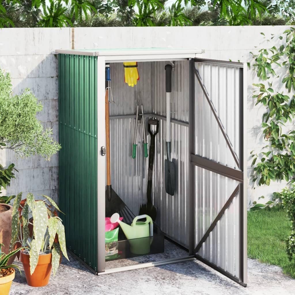 Galvanized Steel Garden Tool Shed Outdoor Storage with Sloping Roof 34.6x35x63.4 Inch Green Organizer for Backyard Lawn Pool Accessories