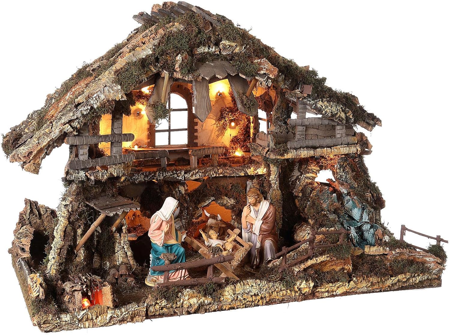 Nativity Village, Stable with Waterfall and fire Pit 78x110x66cm, EmptyWidth: 110 cm|Height: 78 cm|Depth: 66 cm