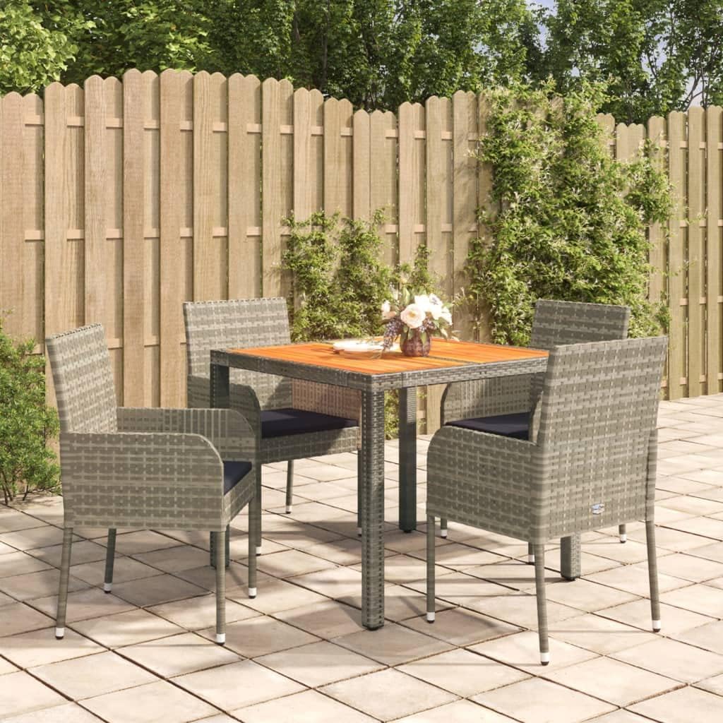 5 Piece Patio Dining Set with Cushions Gray Poly Rattan,Premium Outdoor Patio Dining Set with Acacia Wood Tabletop and WeatherResistant PE Rattan Chairs Furniture Sets for Patio, Lawn & Garden