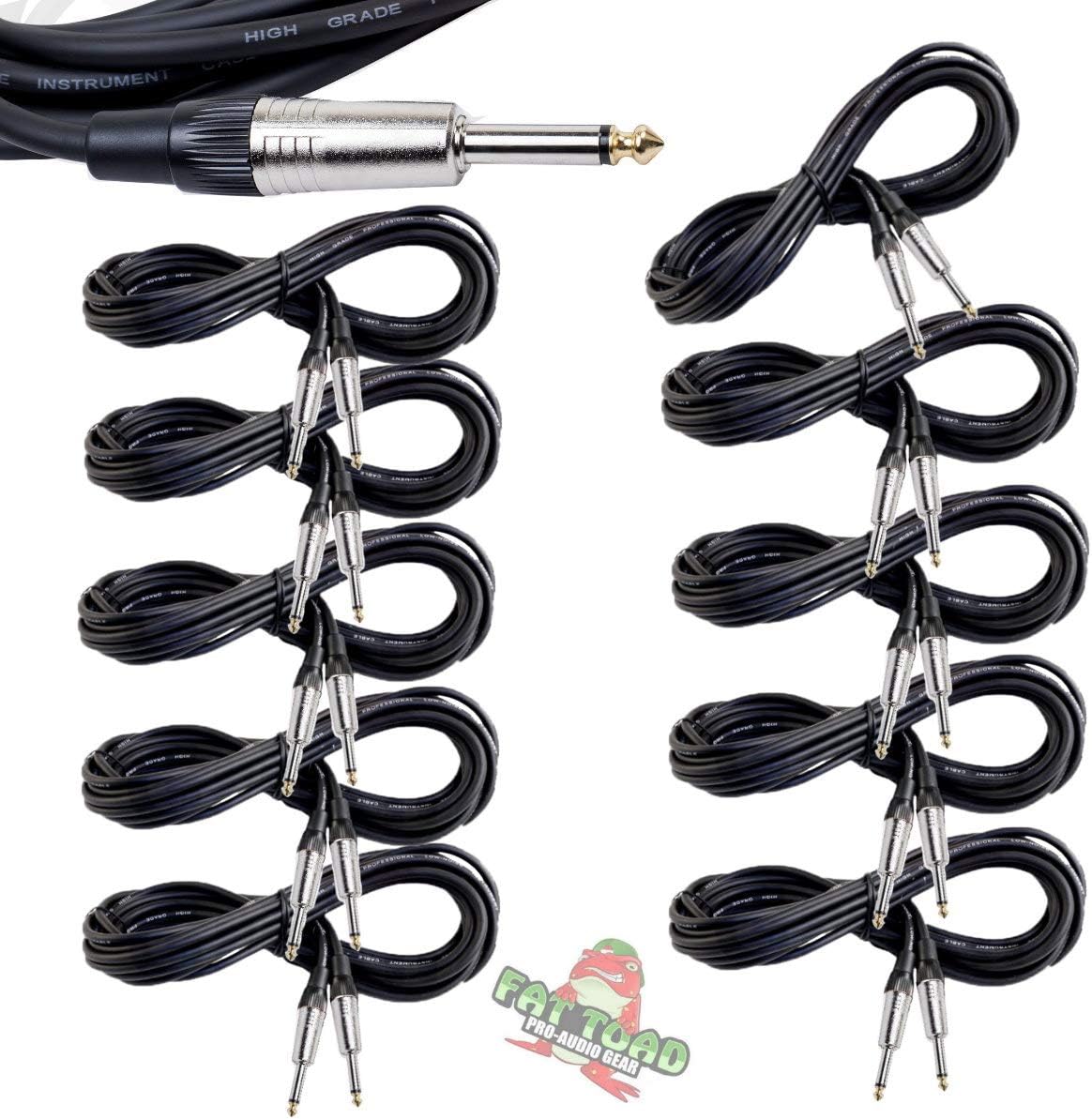 Fat Toad 20FT Guitar Instrument Cables (ShieldedPRO X Series) 10-Pack – 1/4 Inch TS Jack Patch Cords with Gold Straight Ends, 24 AWG for Amp, Bass, Studio