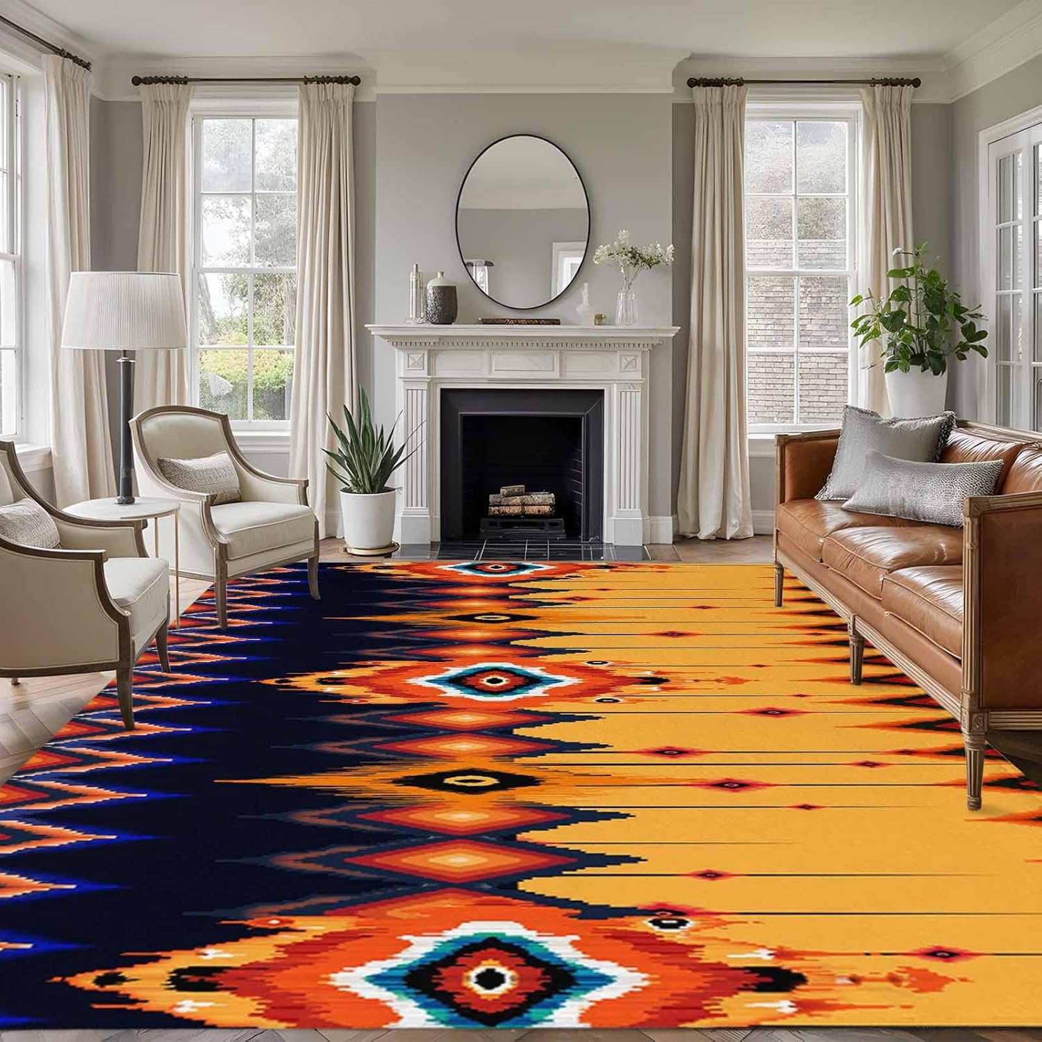 Large Area Rug 8'x10',Ethnic Boho Non-slip Runner Carpet for Living Room/Bedroom/Office,Vintage Abstract Geometric Textured Washable Outdoor Indoor Rectangle Area Rug Floor Mat for Kitchen/Dining Room