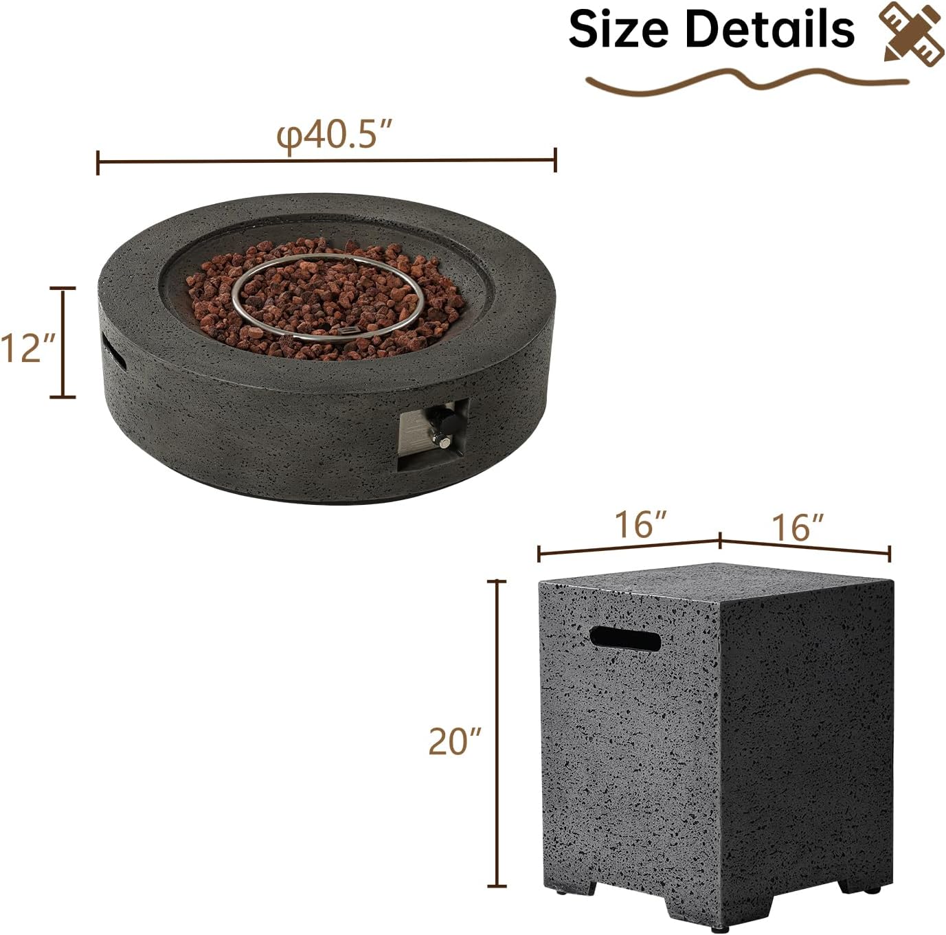 SUNBURY Outdoor Fire Pit Table Propane Gas Fire pits &Outdoor Fireplaces 40.5″ Inch Rounded Firepit Table with Tank Cover, 50,000 BTU Fire Table for Patio Set, Stone Gray
