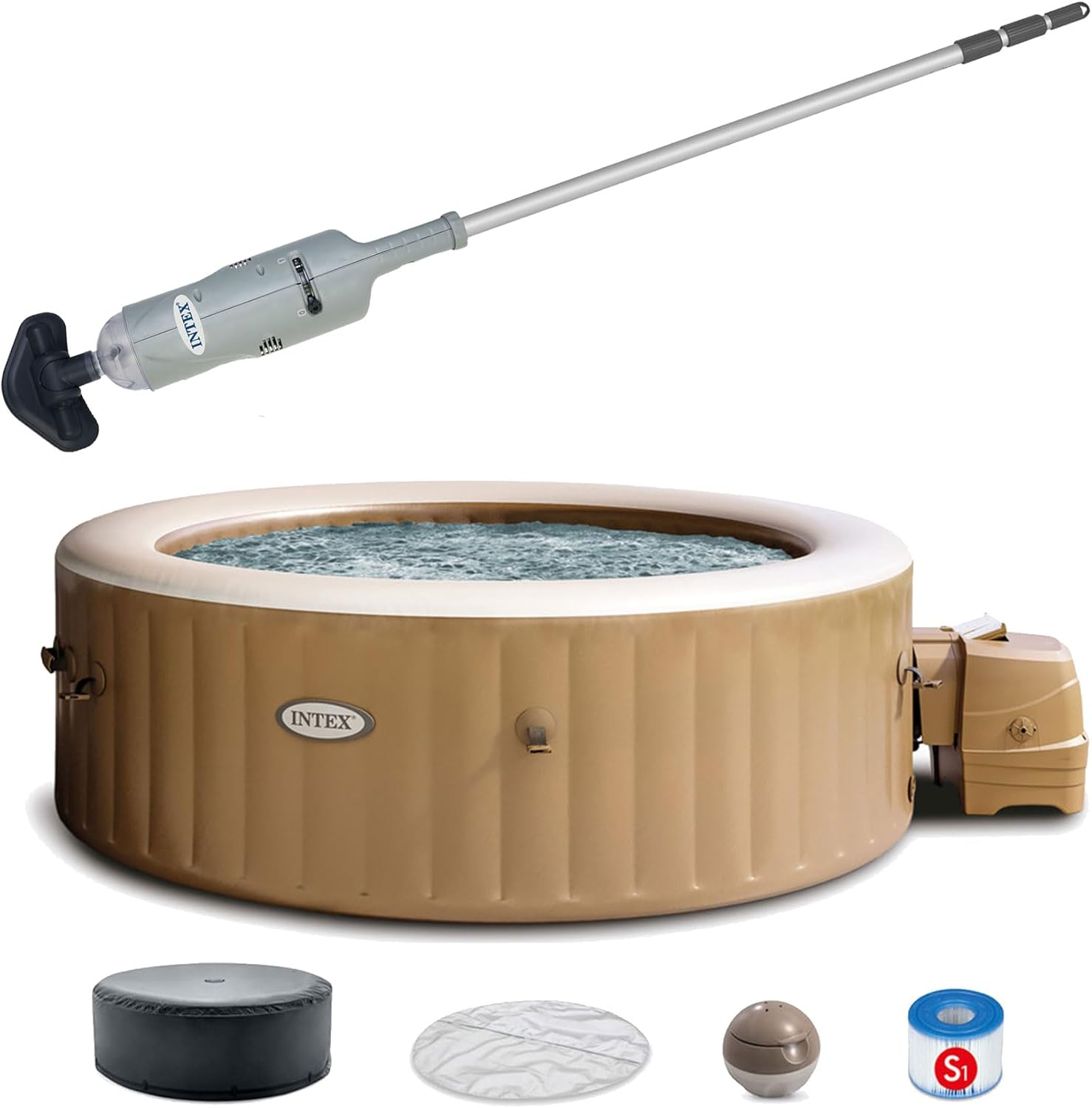 Intex Rechargeable Handheld Above Ground Pool Vacuum Cleaner with 2 Brush Heads and PureSpa 6 Person Bubble Massage Inflatable Hot Tub Spa, Sahara Tan