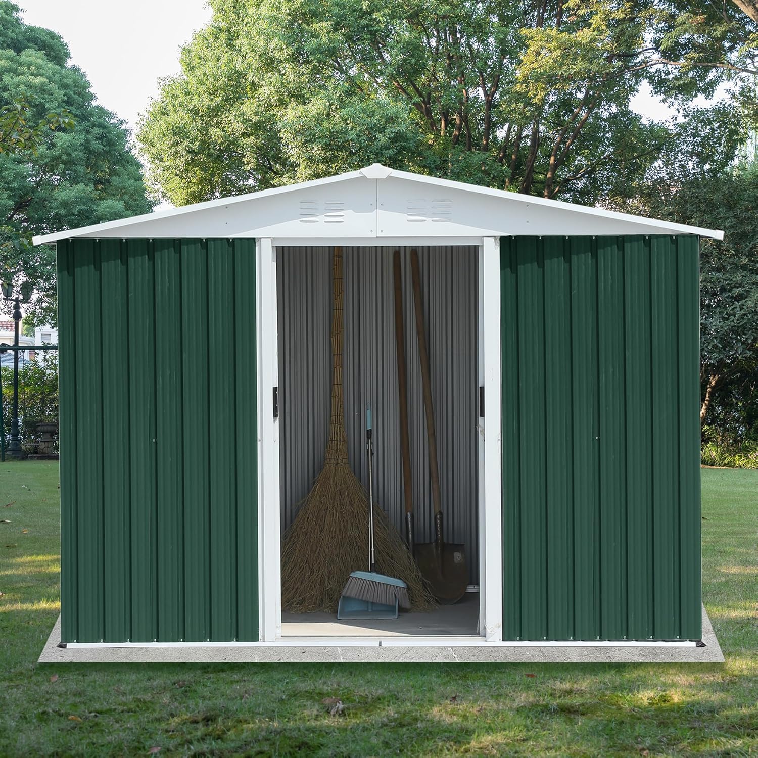 8FT x 6FT Outdoor Storage Shed - Green Garden Shed with Sloped Roof, Lockable Doors, Galvanized Steel & Aluminum Alloy Frame for Garden Tools, Pet House, Tiny Home Accessories