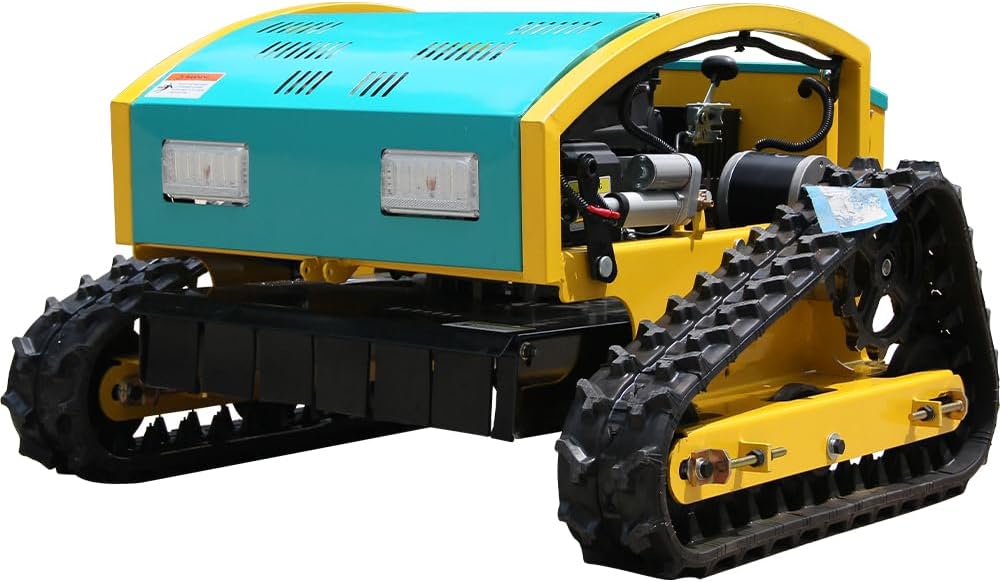Remote control robot lawn mower crawler type, suitable for complex terrain. Electric start gasoline, remote control range of 600 meters, height adjustable, suitable for orchards, engineering, greening