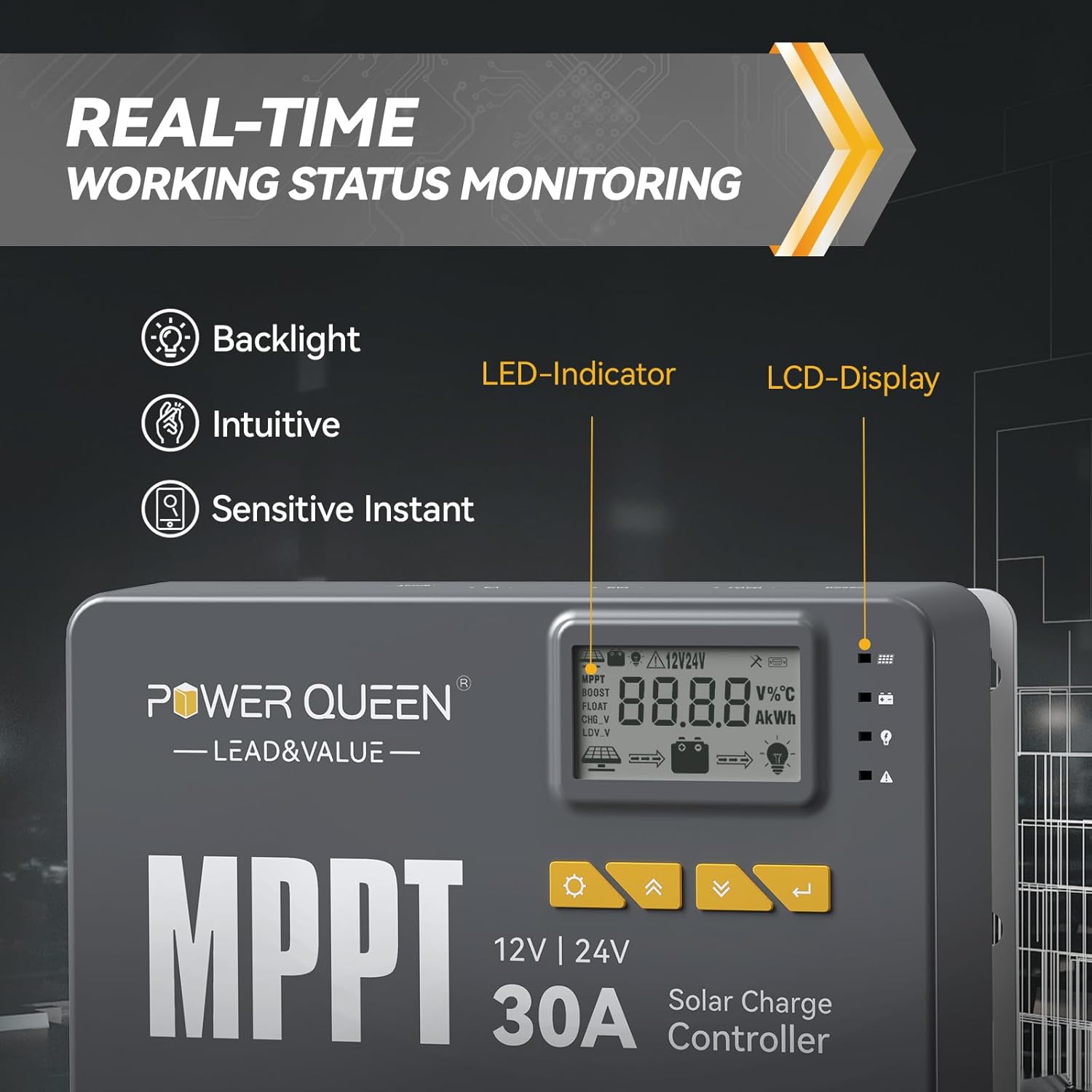 Power Queen 12/24V 30 Amp MPPT Solar Charge Controller with Built-in Bluetooth, Support Remote Monitoring, Default for LiFePO4 Batteries and Compatible with Sealed, Flooded, Gel and Lead-Acid Battery