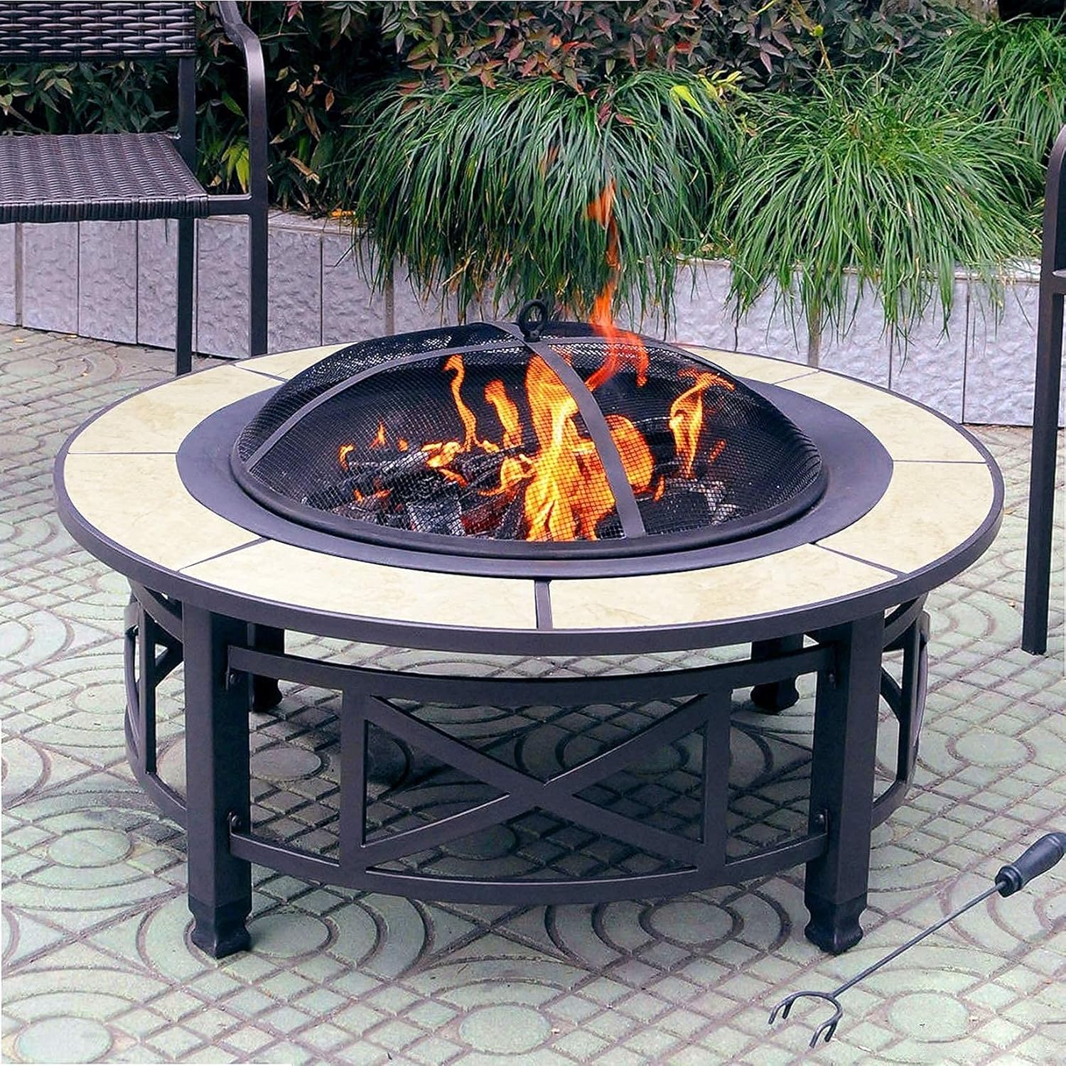 Metal Round Fire Pit with BBQ Grill & Cover - Outdoor Garden Stove Patio Heater/Charcoal Barbeque/Ice Pit, Smoke Grill Table Tabletop Grill