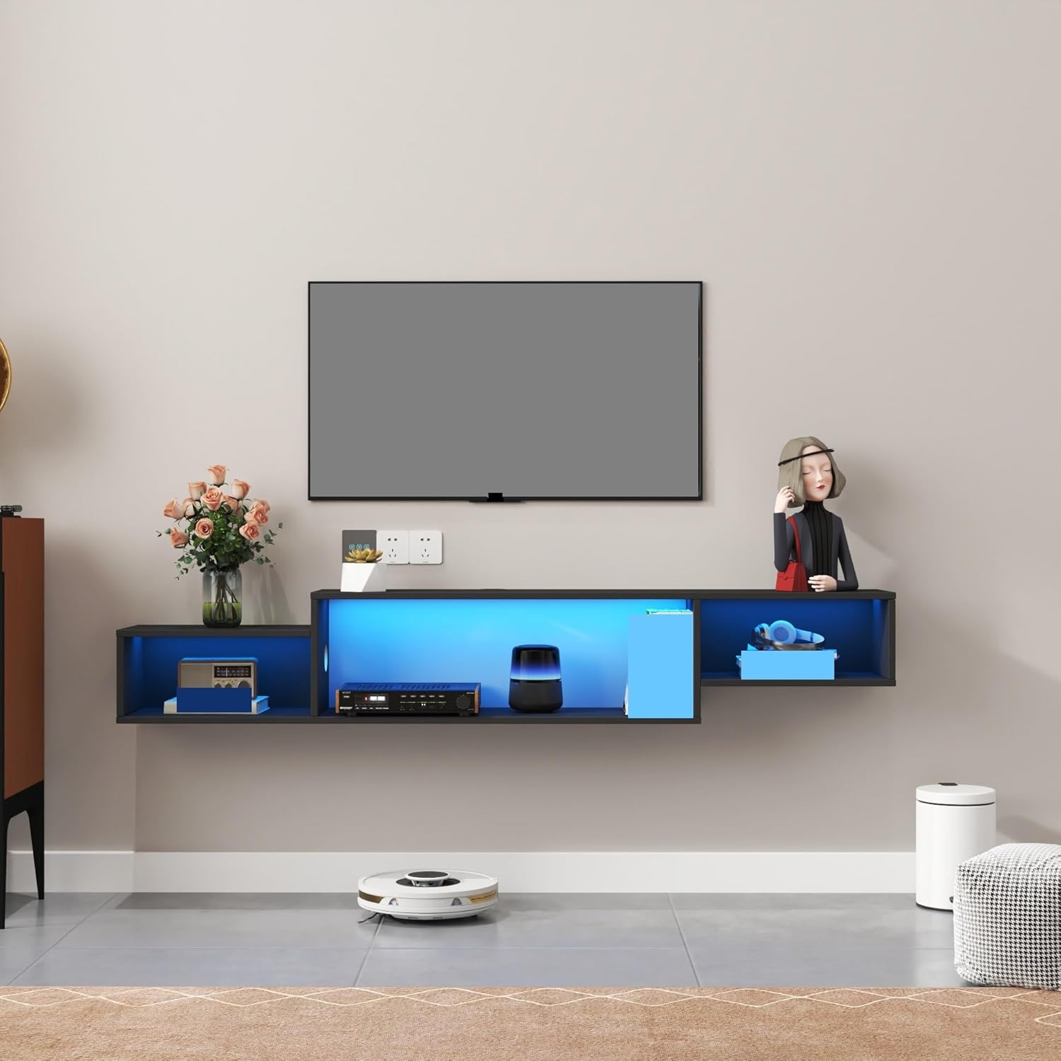 5.35in Wall Mounted Floating TV Stand with 20 Color LEDs and Charging Station TV Stand for Living Room Decor, Office,Easy Assembly