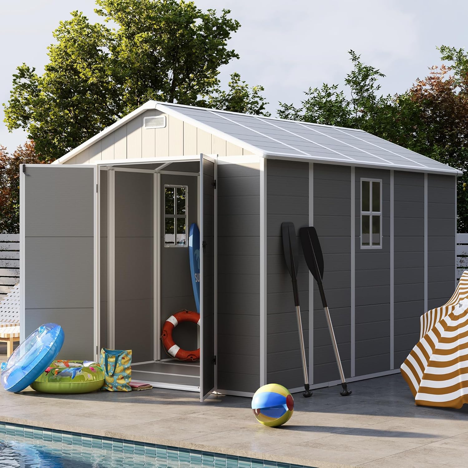 UDPATIO Storage Shed 8 x 10 FT, Resin Sheds & Plastic Outdoor Storage with Floor Large Clearance Outdoors Garden Tool Shed Tuff Outside Patio Shed with Lockable Door for Bike, Garbage Gray White