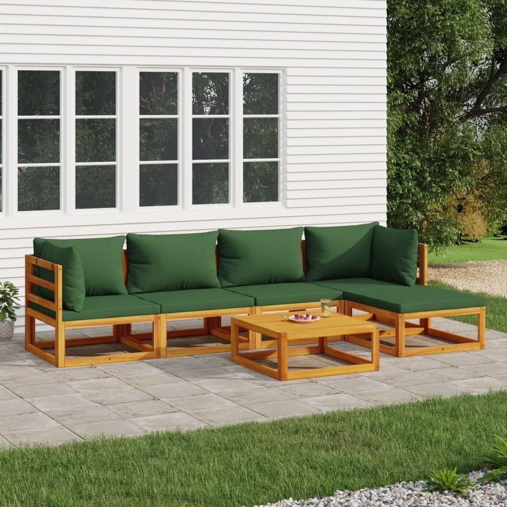 6 Piece Patio Lounge Set with Green Cushions Solid Wood,Elegant Acacia Wood Patio Lounge Set for Outdoor Leisure and Comfort Patio Furniture Sets, Outdoor Furniture Sets