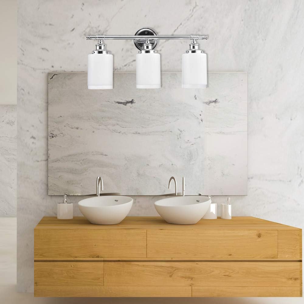 Globe Electric 51414 Freya 5-Piece All-in-One Bathroom Set, 3 Vanity Light with White Shades, Bar, Towel Ring, Robe Hook, Toilet Paper Holder, Chrome with Frosted Glass