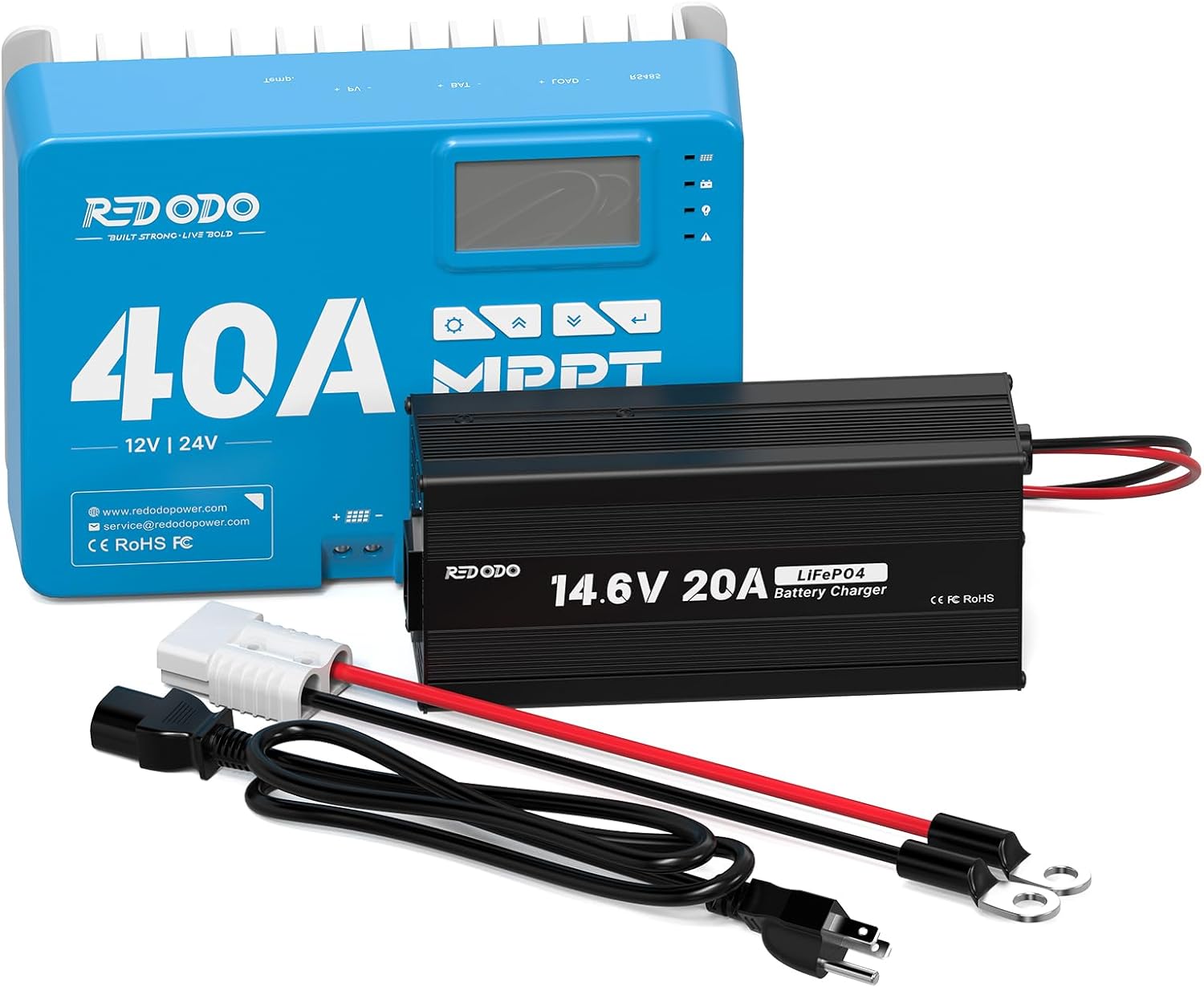 Redodo MPPT Solar Charge Controller 40Amp 12V/24V DC Built in Bluetooth and 14.6V 20A Lifepo4 Battery Charger