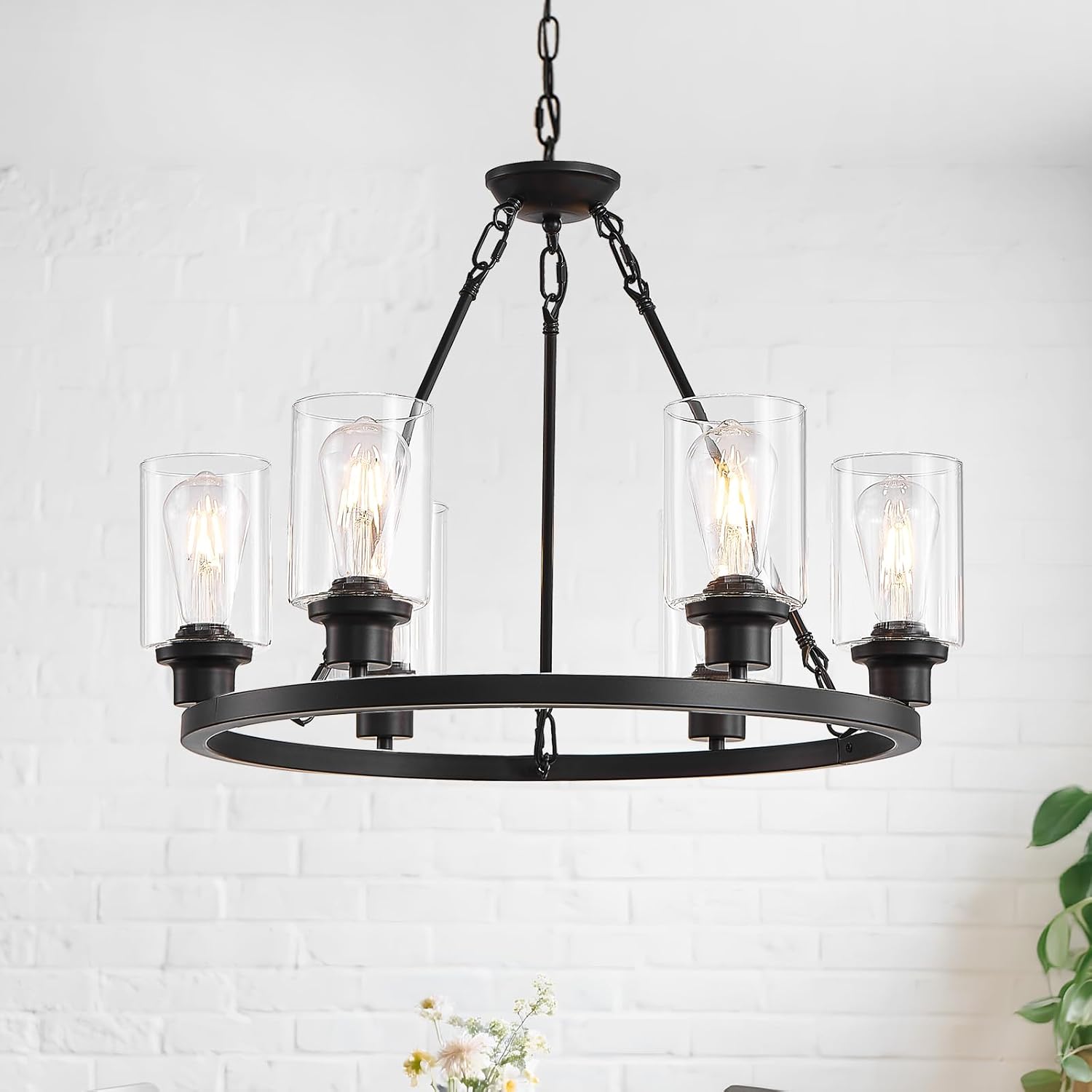 6-Light Wagon Wheel Chandelier, 24 Inch Black Chandeliers E26 Base, Adjustable Height Modern Farmhouse Chandelier for Dining Room Living Room, Kitchen Island, Entryway, Porch