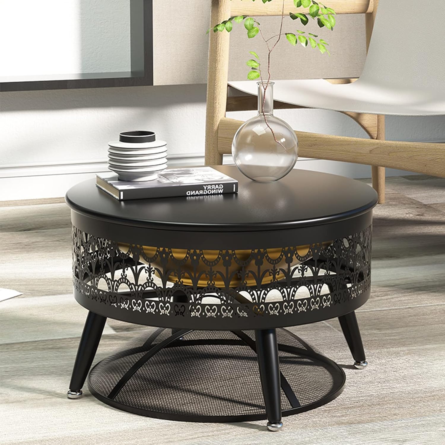 LXLZYXSF Outside Fire Pit Bowl with Table Top, Living Room Coffee Table, Wood Burning Fire Basin for Camping, BBQ, Travel, Bonfire Party, Picnic (Color : Deep Coffee, Size : 52.5cm/20.6inch Wide)