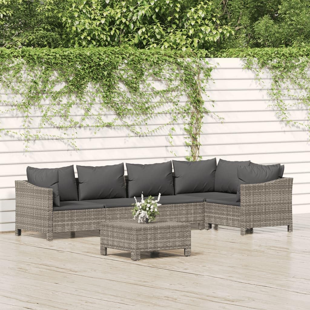 Patio Set 6 Piece Patio Lounge Set with Cushions Gray Poly Rattan