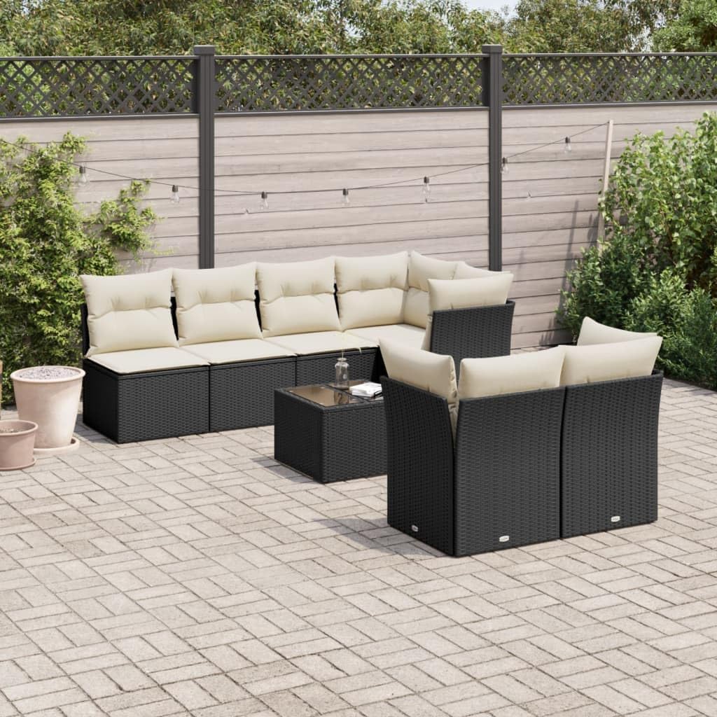 Garden Sofa Set Black PE Rattan, Powder-Coated Steel Frame, Tempered Glass Table, 7-Seater Outdoor Patio Furniture Set for Balcony, Terrace, Backyard