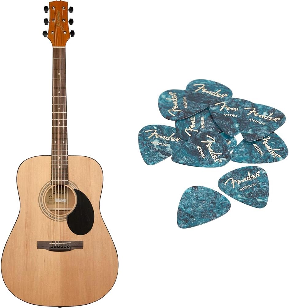 Jasmine S35 Acoustic Guitar, Natural & Ocean Turquoise, Spruce Top, Nato Back & Sides, Chrome Tuning Machines, Pack of 12 Fender Premium Celluloid Guitar Picks, Medium, 351 Shape, Ocean Turquoise
