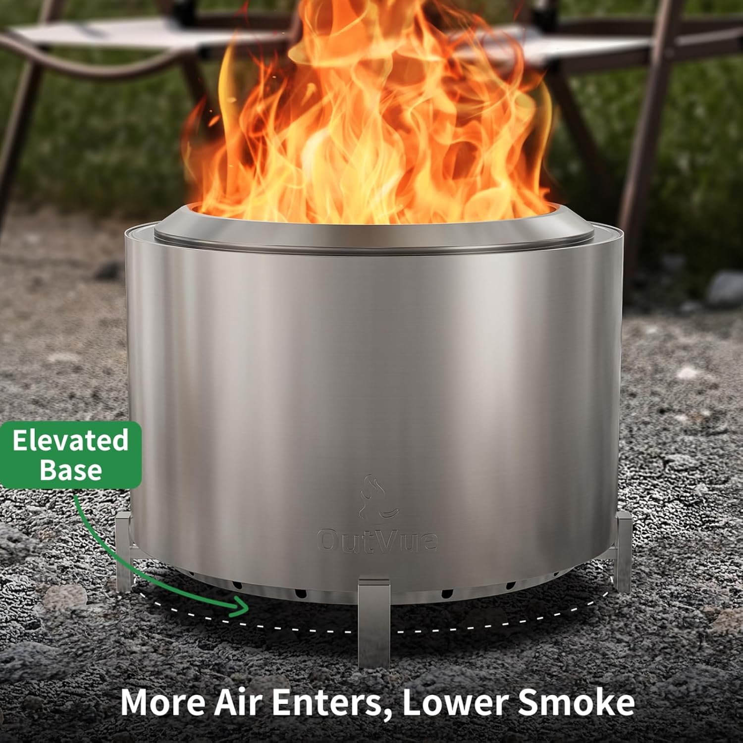 27 inch Stainless Steel Smokeless Fire Pit, Outdoor Smokeless Firepit, Wood Burning Fire Pits for Camping, Bonfire, Low Smoke Firepit for Outside (Vertical Hole)