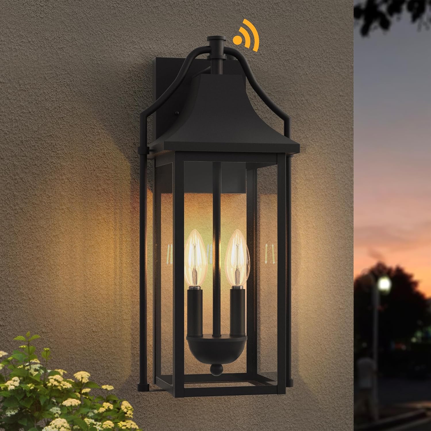 𝟏𝟖𝑰𝑵 Outdoor Wall Sconce Fixture, Dusk to Dawn Patio Lights Waterproof Exterior Lanterns, 2-Light Modern Wall Light Mounted with Glass, Black Outside Lights for House Front Door Entryway