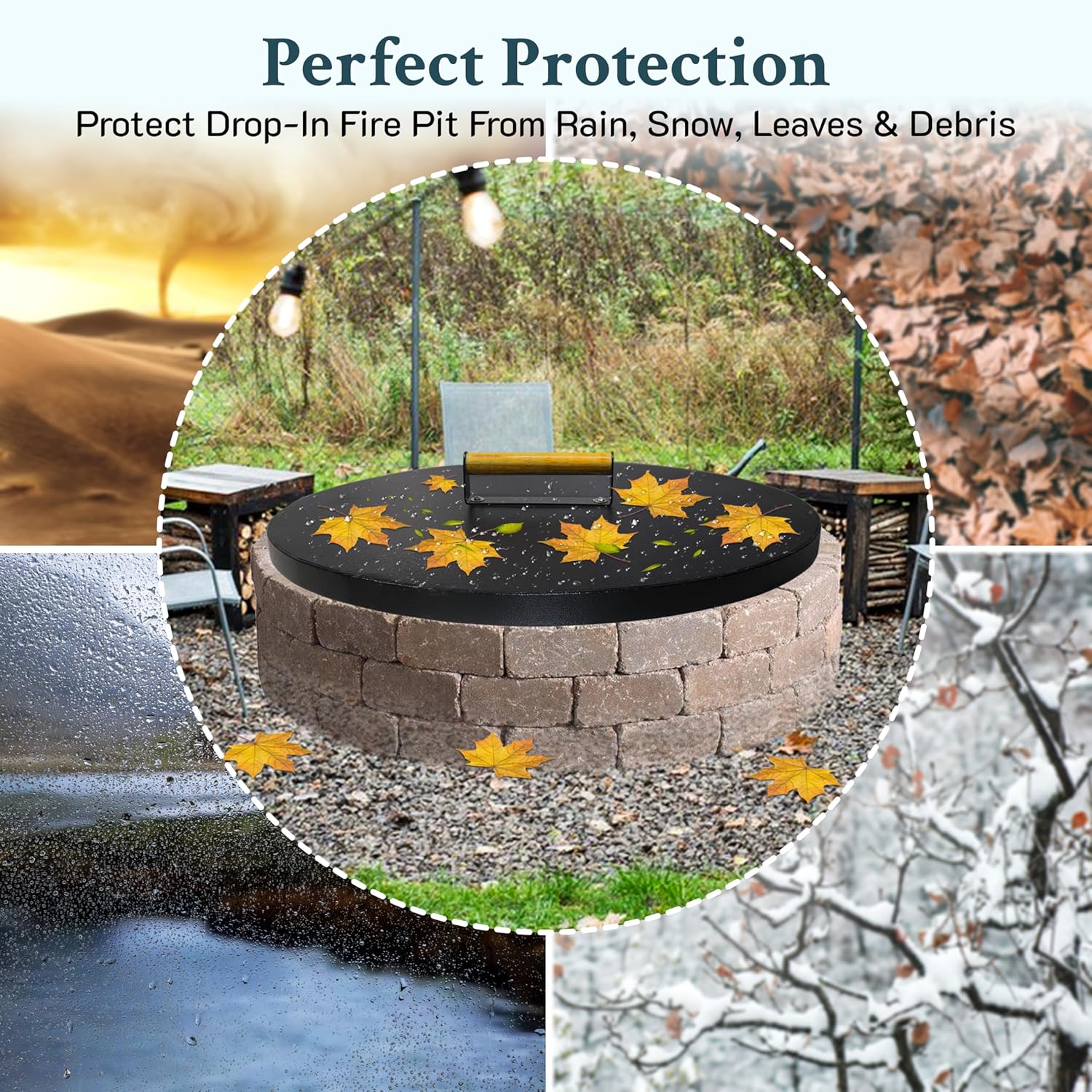 30” Round Fire Pit Lid – Powder Coated fire pit cover round metal for Outdoor Fireplace -16 Gauge Steel Flat Fire Pit Burner Pan Cover with Wooden Handle Snuffer Lid for Round Patio Fire Pit Ring