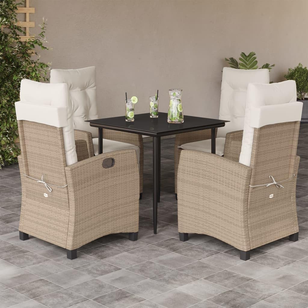 5 Piece Patio Dining Set with Cushions Beige Poly Rattan,AllWeather Garden Dining Set with Adjustable Backrests and Tempered Glass Tabletop Furniture Sets for Patio, Lawn & Garden