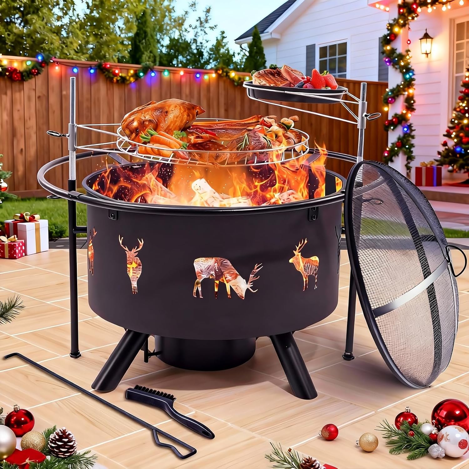 NATURAL EXPRESSIONS 32 Inch Large Fire Pit with 2 Grills, Outdoor Wood Burning Fire Pit with Cooking Grate, Lid, Poker and Round Waterproof Cover for Patio, Ourside, Bonfires, Picnic, Party.