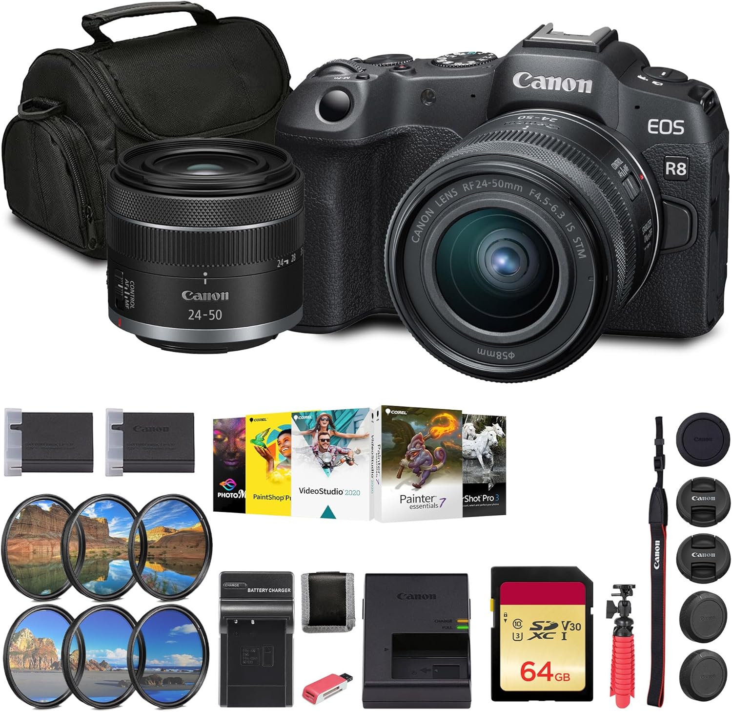 Canon EOS R8 Mirrorless Camera with RF 24-50mm f/4.5-6.3 is STM Lens (5803C012) + 64GB Memory Card + Photo Software + Bag + Charger + Filters Kit + LPE17 Battery + Card Reader + More (Renewed)
