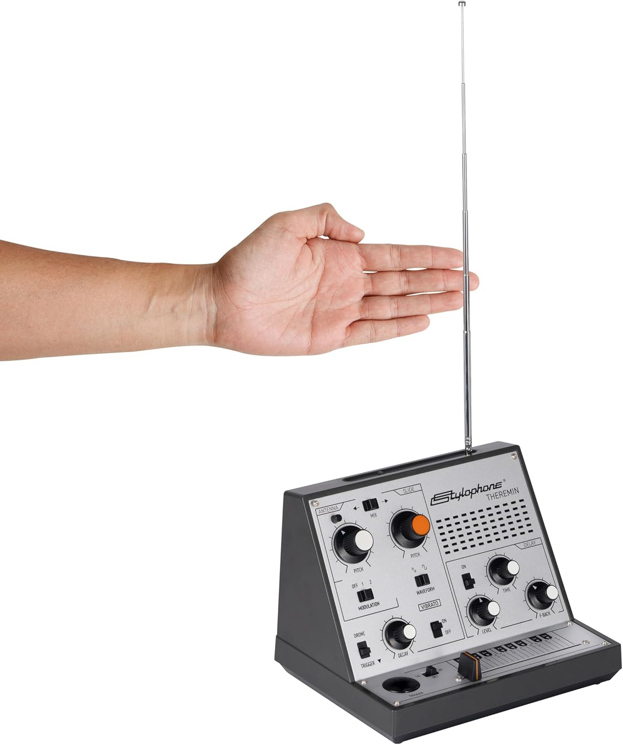 Stylophone Theremin – Award-Winning Portable Touch-Sensitive Synthesizer with Retro Analog Sound, Built-In Speaker, Delay & Vibrato Effects, Slider Control, Compact Battery-Powered Design