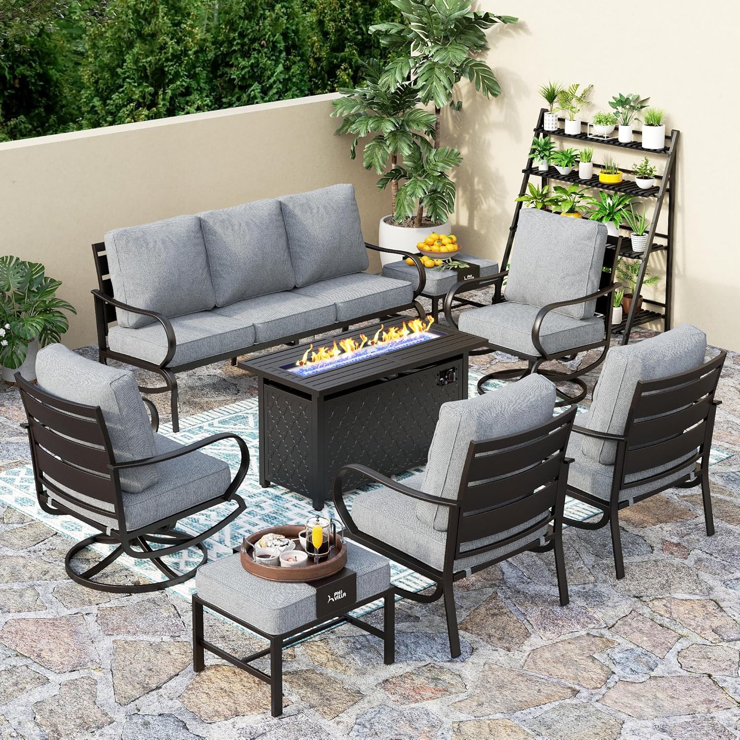 PHI VILLA 8 PCS Patio Furniture Set with Fire Pit Table,Metal Outdoor Furniture with 1 x 3-Seat Bench Sofa, 2 x Swivel Sofa Chairs, 2 x Leg Chair & 2 x Ottoman, Modern Patio Set, Grey
