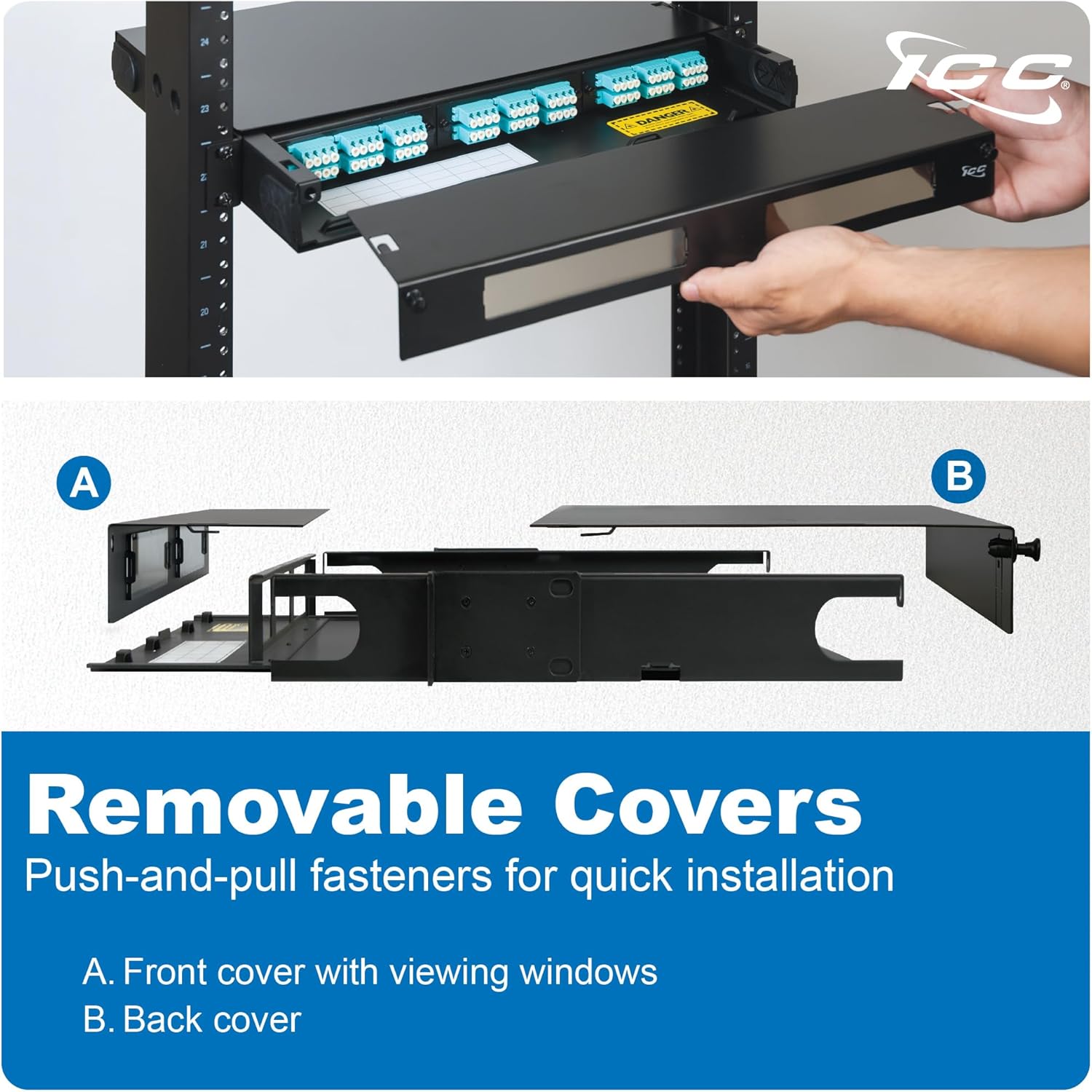 ICC 1U Fiber Optic Rack Mount Enclosure - 3 Slots for LGX Compatible Adapter Panels or Cassettes, Supports up to 72 Fibers, Fits 19-Inch Racks, Secure Fiber Management Solution, ICFORE31RM