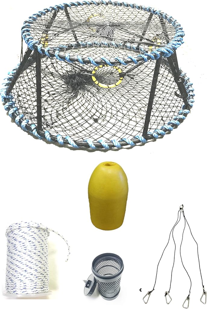 KUFA Sports Vinyl Coated Heavy Duty Tower Style Prawn Trap with 400' Rope, Yellow Float, Vented Bait Jar & Harness Combo (CT130+PAM36+HA5)