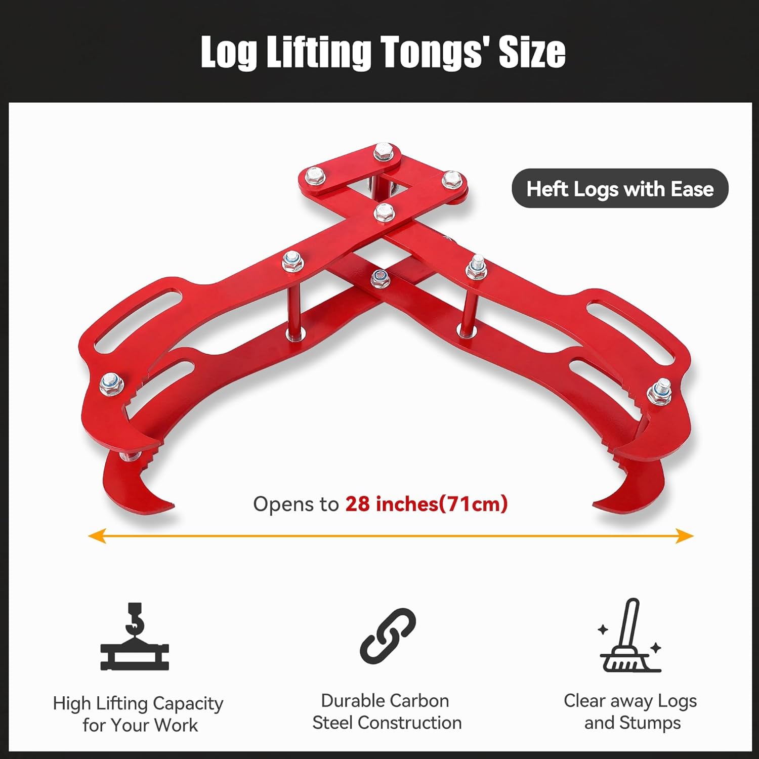 IDEALHOUSE Log Lifting Tongs, Log Splitter Accessories 18”2-Claw Heavy Steel Log Grapple, Grip Logging Tools for Firewood, Timber, Efficient Wood Lifting and Dragging, Compatible with Tractor, Skidder